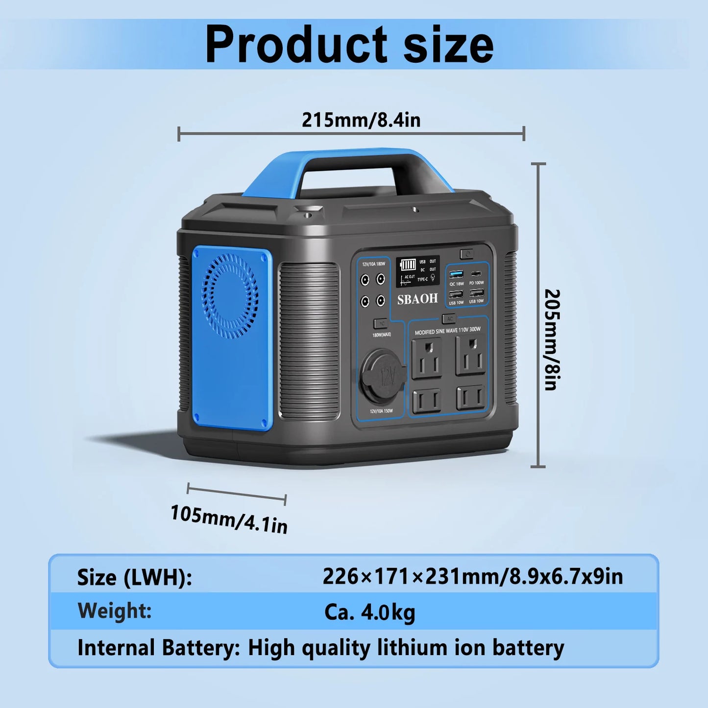 Portable Power Station 300W 296Wh 80000mAh Solar GeneratorAC