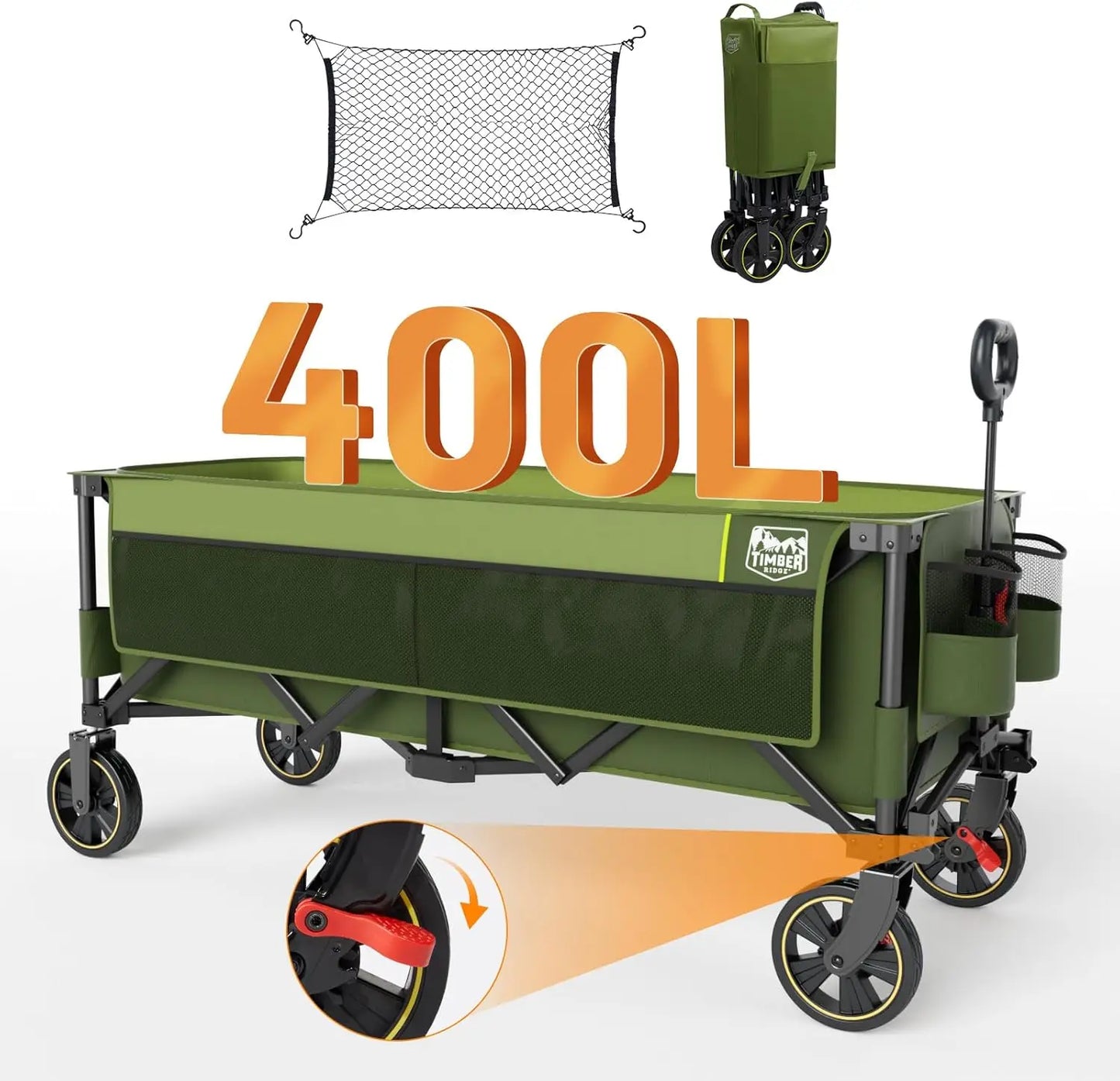 Extended Collapsible Wagon With Brakes And Cargo Net 350Lbs