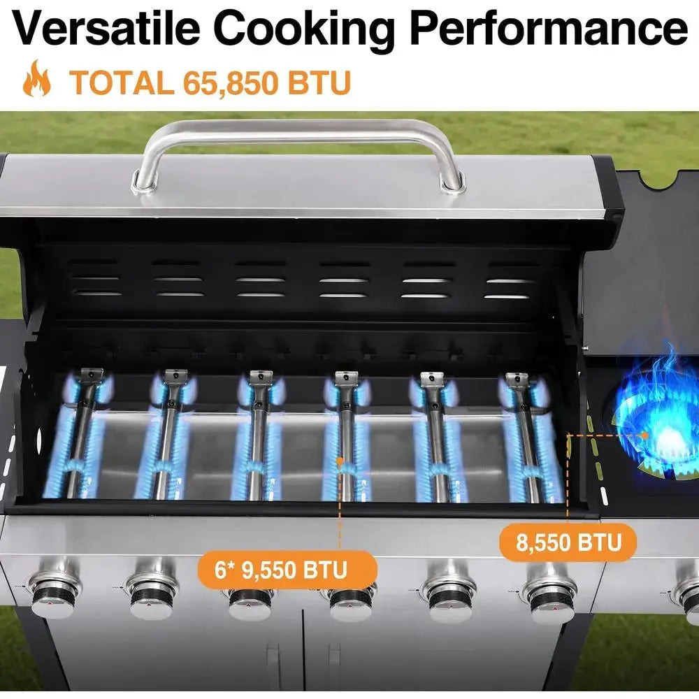 Large 6-Burner Propane Gas Grill with Side Burner, Cast Iron Grates, Plate, Lid, Warming Rack, 620 Sq. In. Cooking Area for Back by Beastly Survival Outlet