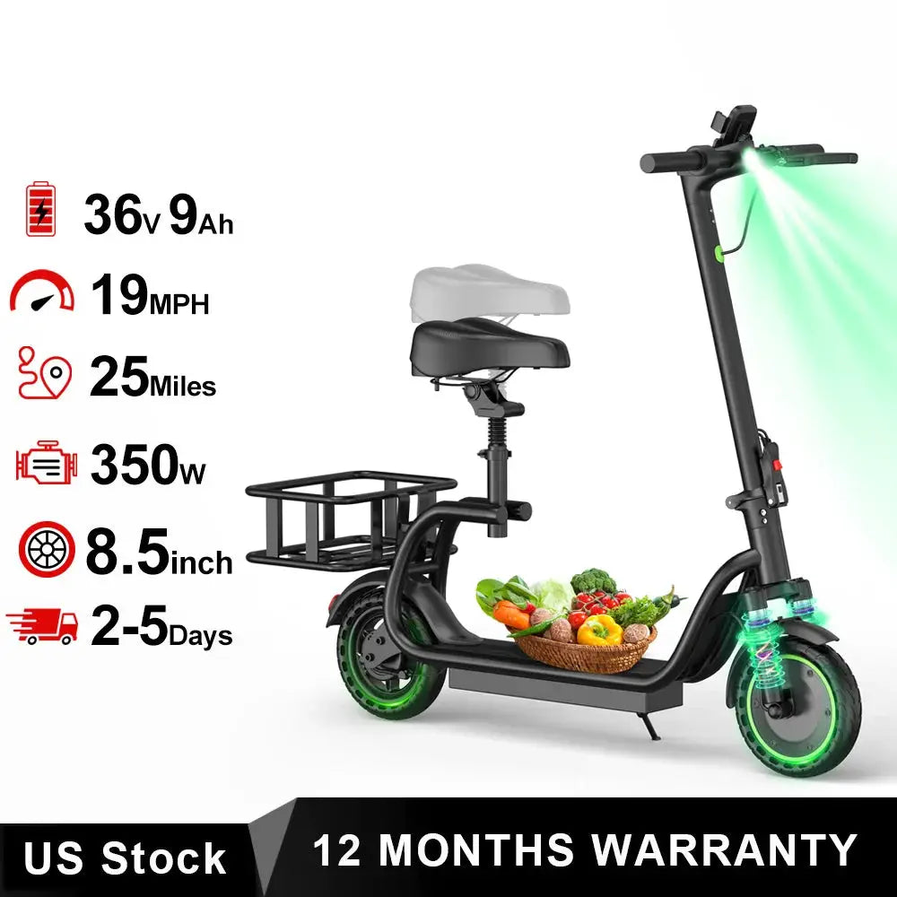8.5'' Electric Scooter with Seat & basket,350W Motor, Top Speed 19mph, Max 17/25 Miles Ranges, Foldable E-Scooter with Suspension &Adult, Digital Display, Cruise Control by Beastly Survival Outlet