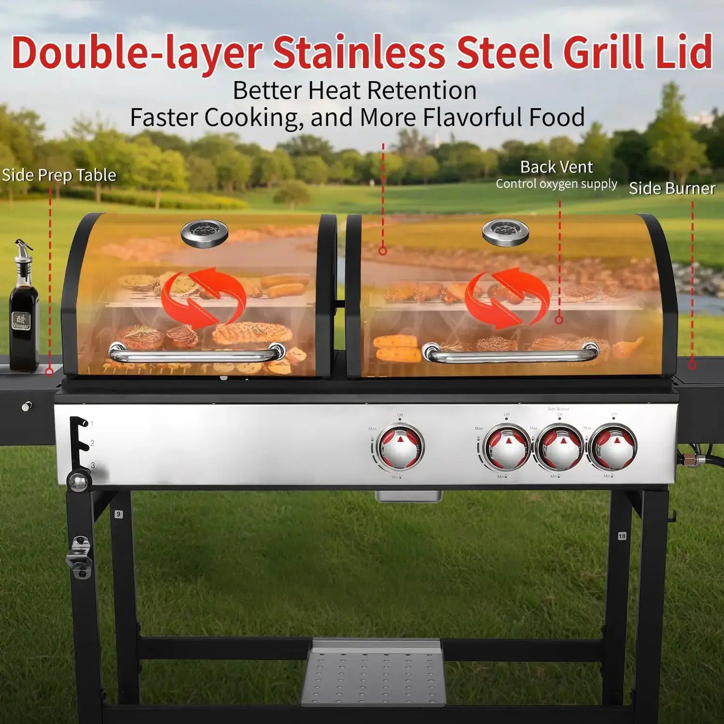 Charcoal and 3-Burner Propane Gas Grill Combo with Side Burner & Porcelain-Enameled Cast Iron Grate, Dual Fuel BBQ, Customized by Beastly Survival Outlet