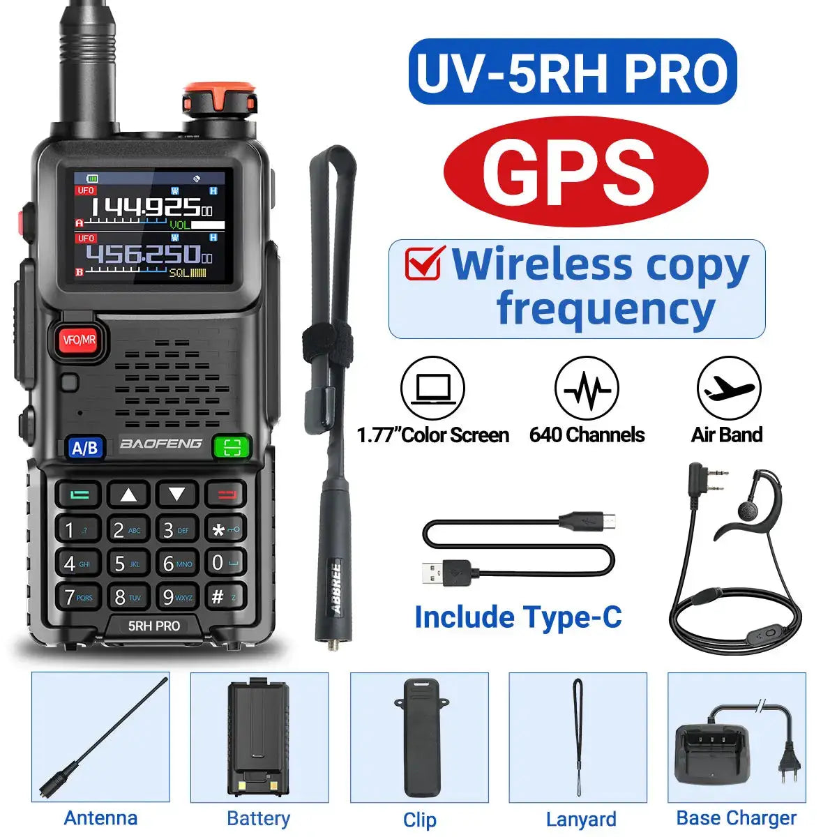 Baofeng UV-5RH PRO GPS Walkie Talkie Long Range Multi Band Wirless Copy Frequency NOAA Type-c Portable Tow Way Radio For Hunting by Beastly Survival Outlet
