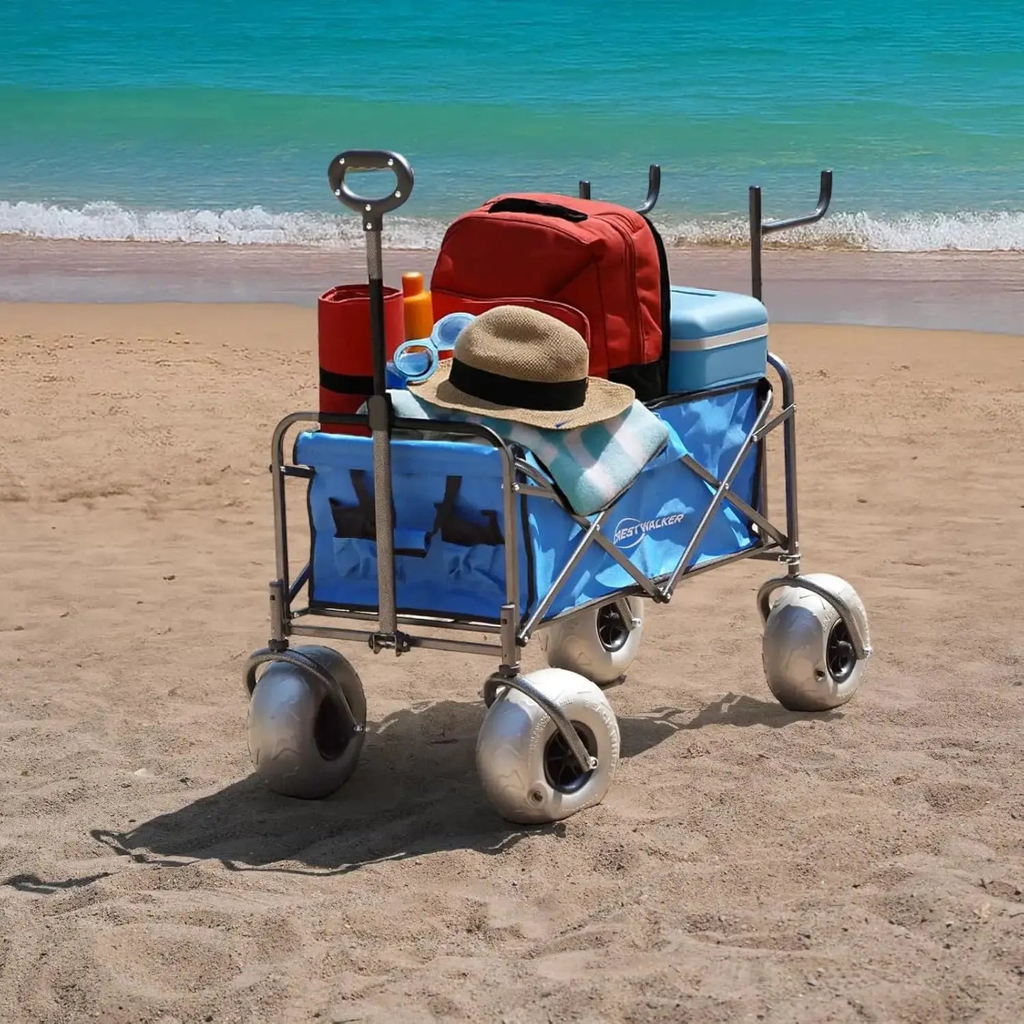 Beach Wagon with Balloon Wheels and Folding Chair Racks Collapsible Cart with Big Wheels for Sand Heavy Duty 300 lbs Capacity by Beastly Survival Outlet
