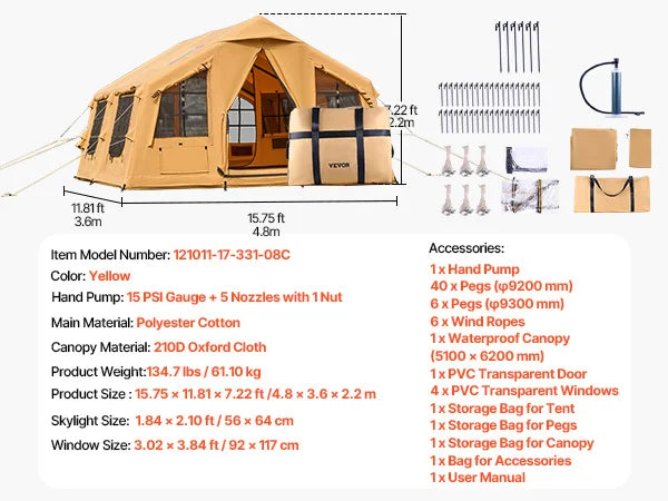 SucceBuy Inflatable Camping Tent With Skylight Mesh Windows