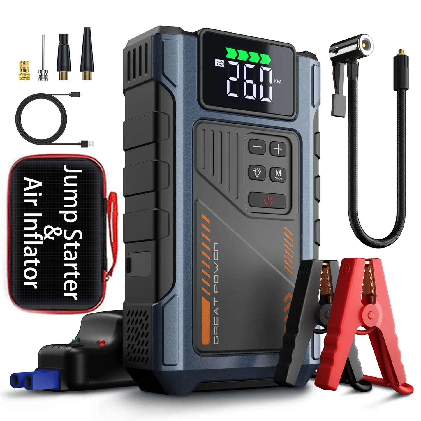 Geeneu Portable Car Jump Starter With Air Compressor 3000A Peak Power 12V Battery Pack Tire Inflator 150 PSI USB LED