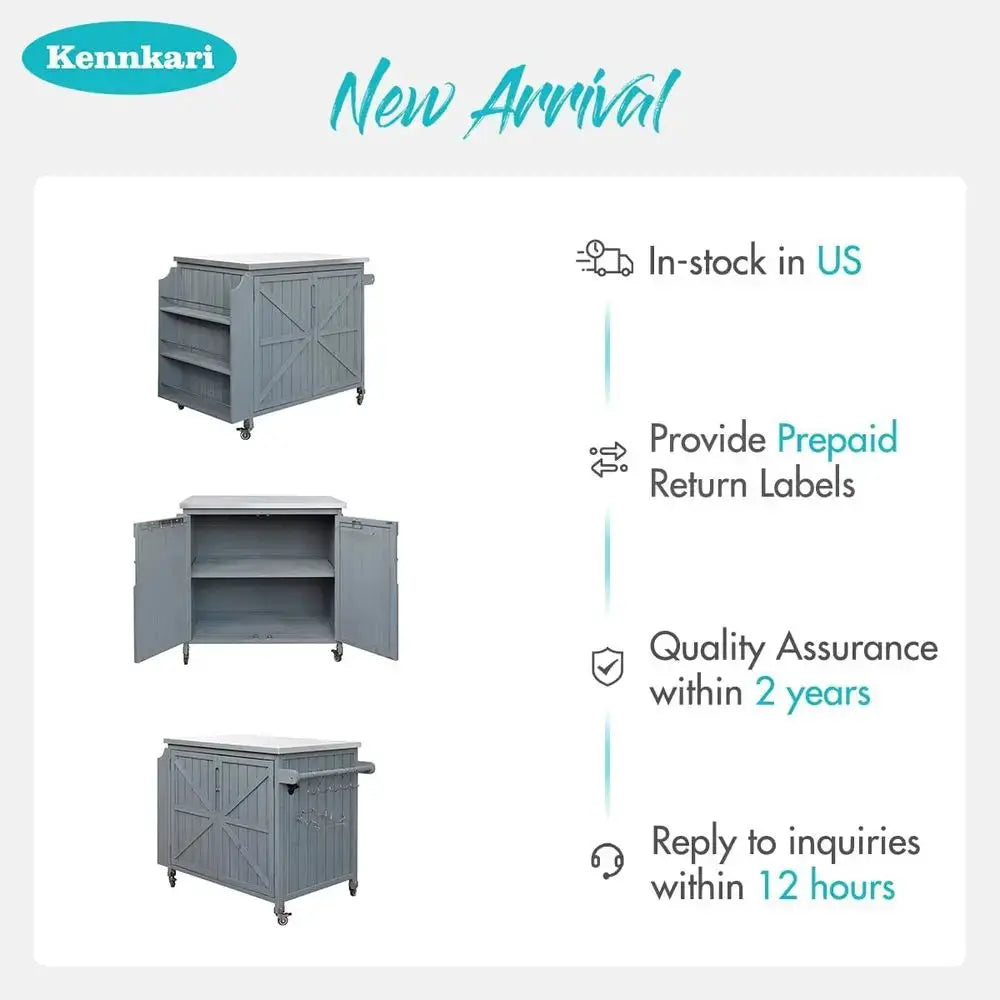 Outdoor Kitchen Island with Adjustable Shelf, Wood Grill Cart, Stainless Steel Top, and Storage Cabinet in Grey Blue by Beastly Survival Outlet