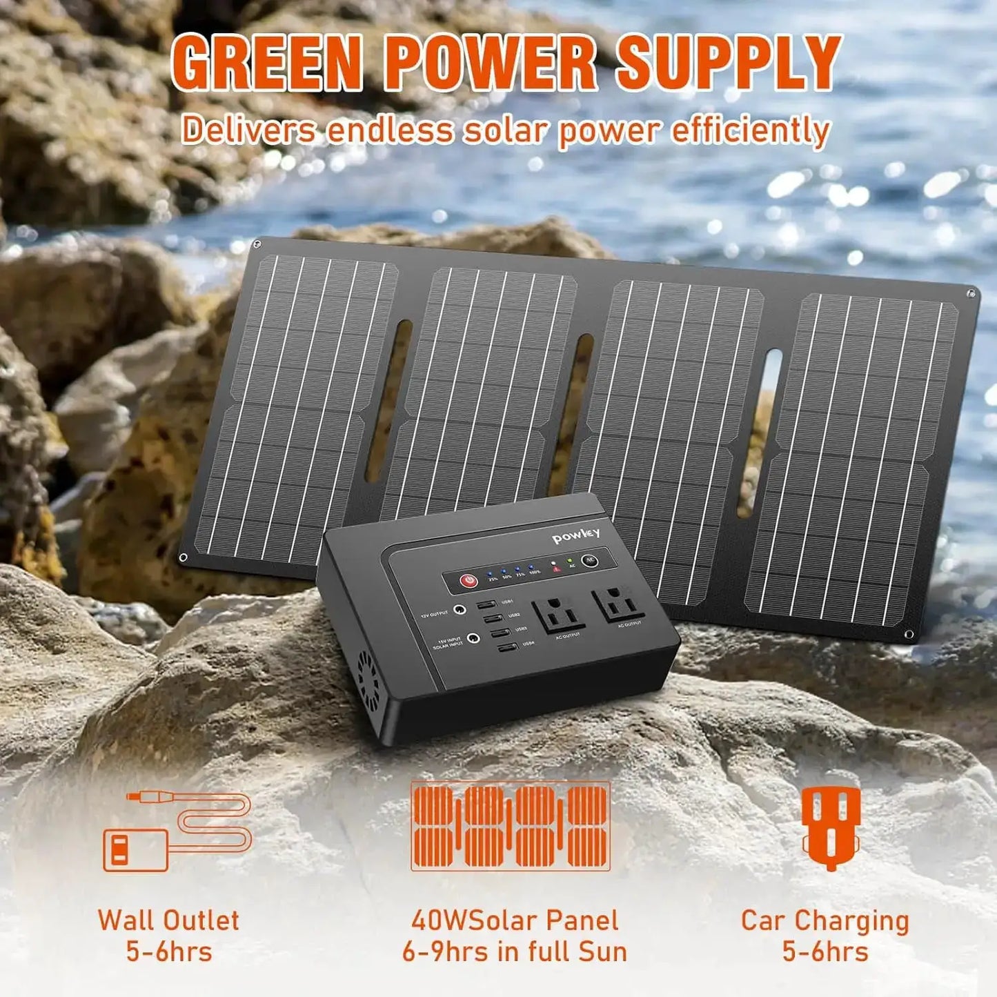 Powkey 200W Portable Power Station With 40W Foldable Solar Panel Outdoor Backup by Beastly Survival Outlet