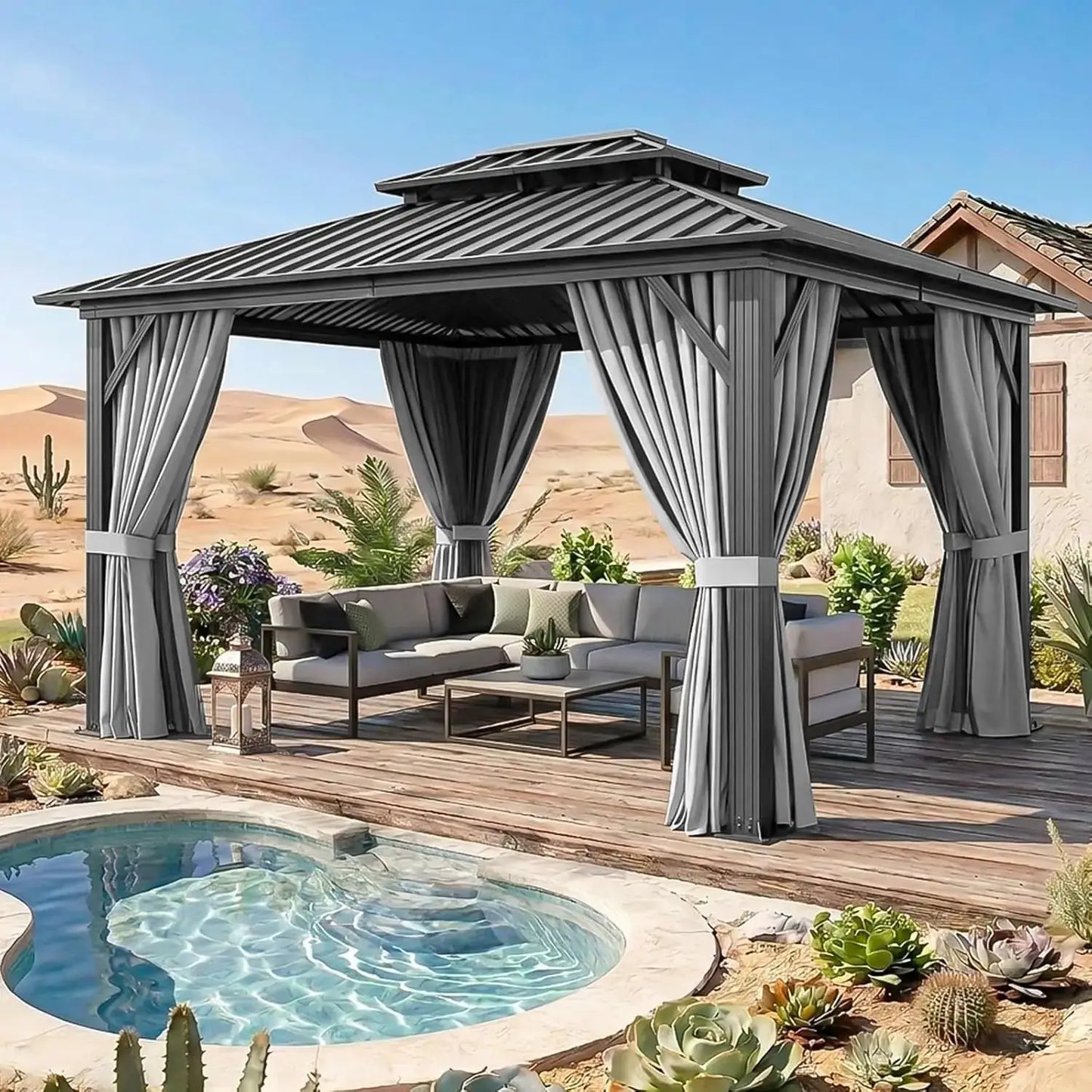 10x12FT Hardtop Gazebo Galvanized Steel Roof Curtains & Netting Backyard Patio, Custom by Beastly Survival Outlet