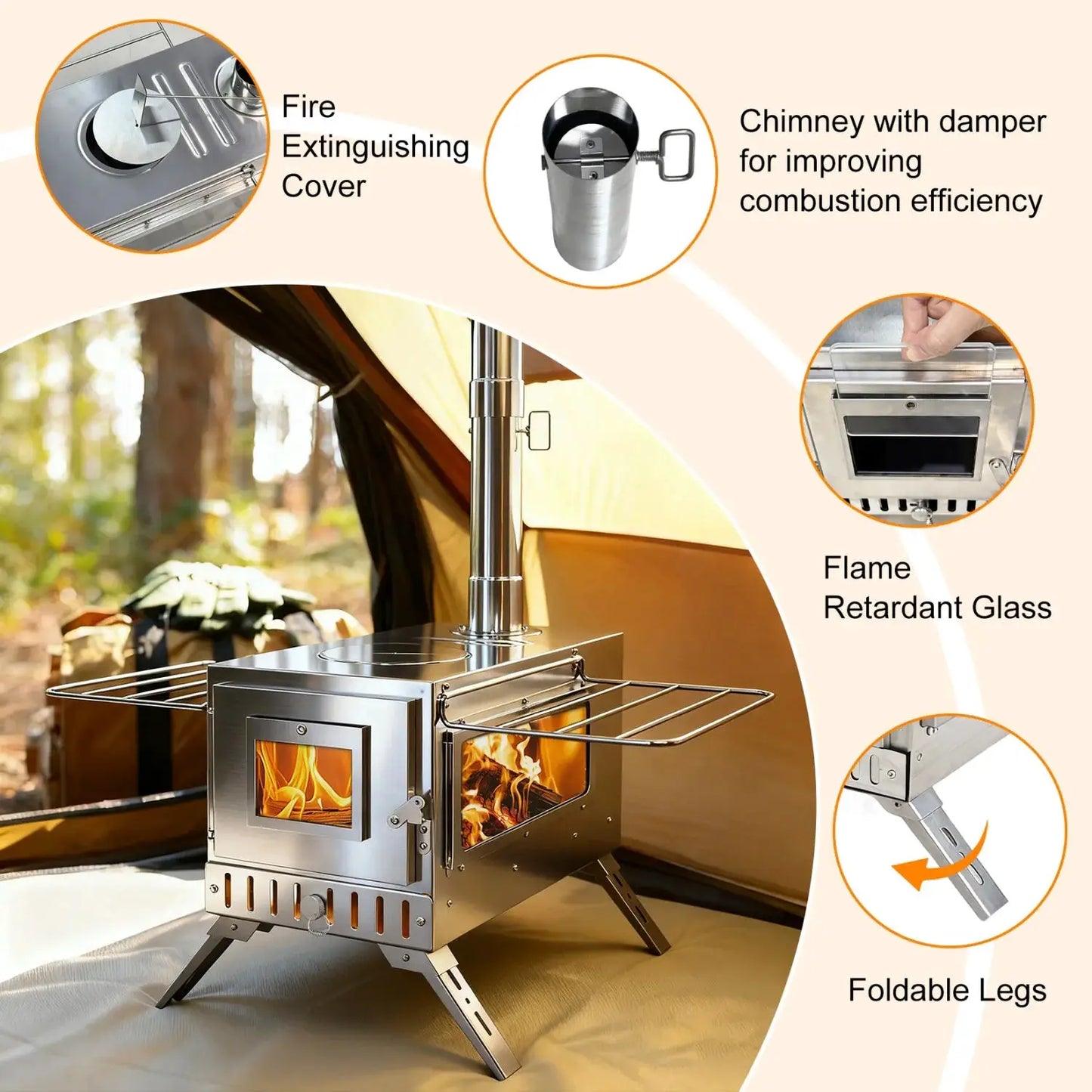 Portable Camping Tent Wood Stove for Outdoor Heating Stainless Steel Hot Tent Stove Burner Stove with 7 Chimney Pipes by Beastly Survival Outlet