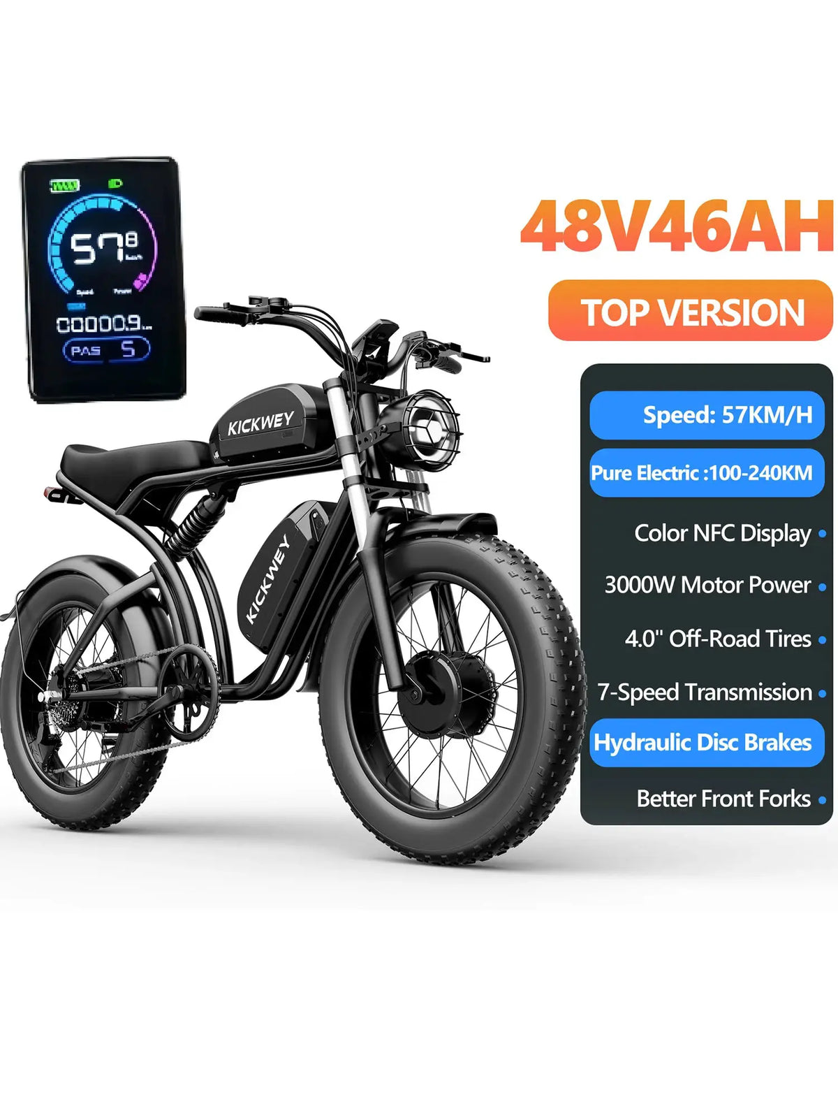 KICKWEY K7 Electric Bike, 3000W Off-Road Electric Bicycle, Full Suspension E-Bike, 20" Fat Tire All-Terrain Electric Dirt Bike by Beastly Survival Outlet