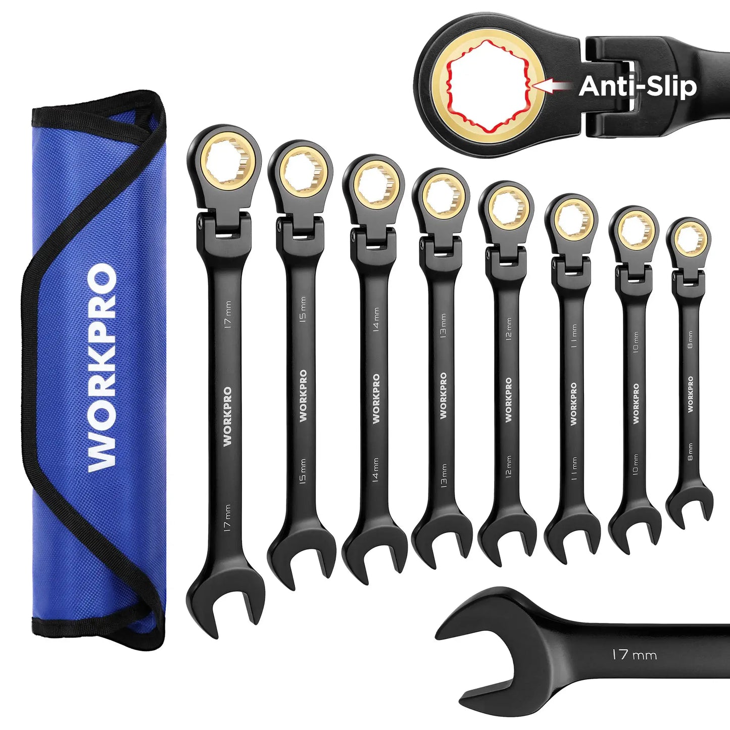 WORKPRO 8pcs Flex-Head Ratcheting Combination Wrench Set SAE 5/16-3/4 in 72-Teeth CR-V Constructed by Beastly Survival Outlet