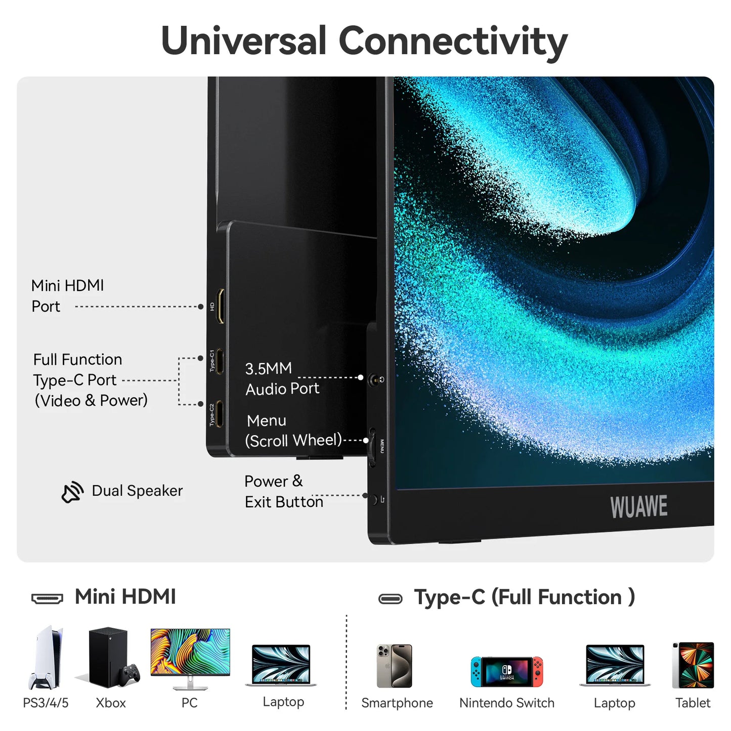 WUAWE 15.6 Inch Portable 1080p USB C HDMI Monitor Hdri Screen