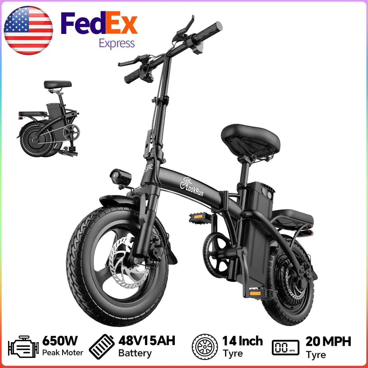 LOOKRUN Adult Foldable Electric Bike, 20 MPH Top Speed, 650W Motor, Removable 48V Battery, 14-inch Wheels, Max Range 32 Miles, 1-Year Full Warranty E-Bike by Beastly Survival Outlet