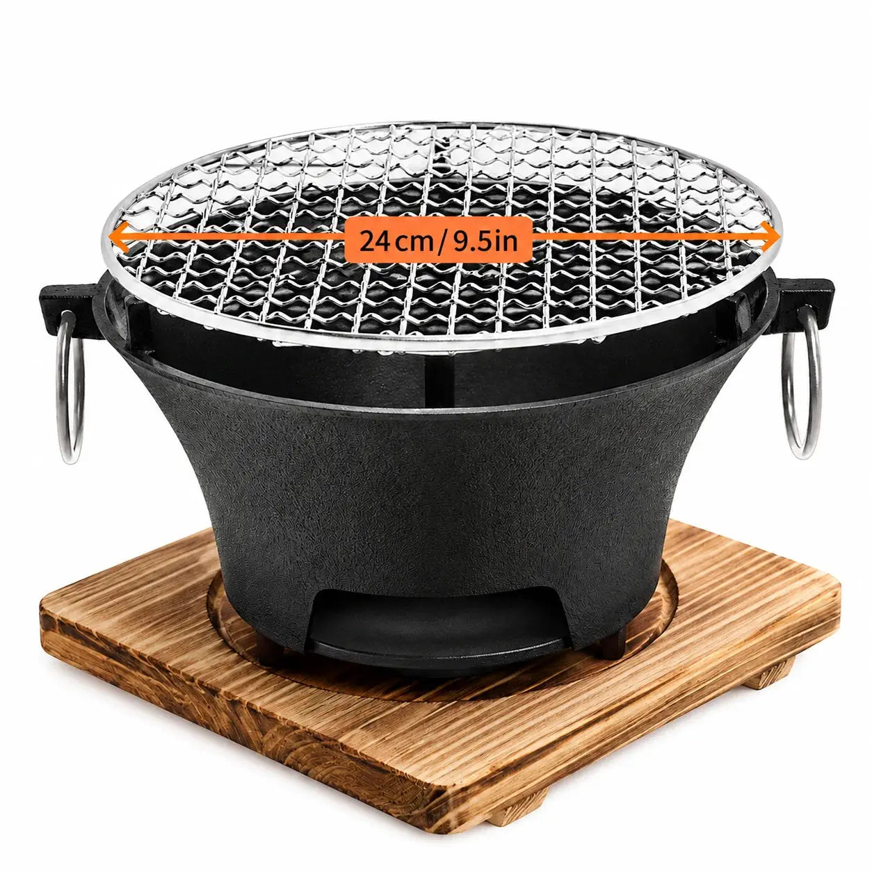 KL1 Portable Charcoal Grill Mini Tabletop BBQ Cast Iron Body Stainless Steel Removable Grill Net Heat-Resistant Wooden Base Silver Carry Rings Outdoor Picnic and Backyard Cooking by Beastly Survival Outlet