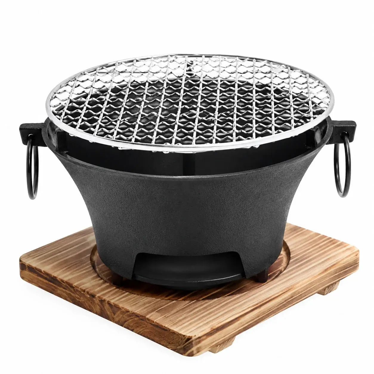 KL1 Portable Charcoal Grill Mini Tabletop BBQ Cast Iron Body Stainless Steel Removable Grill Net Heat-Resistant Wooden Base Silver Carry Rings Outdoor Picnic and Backyard Cooking by Beastly Survival Outlet