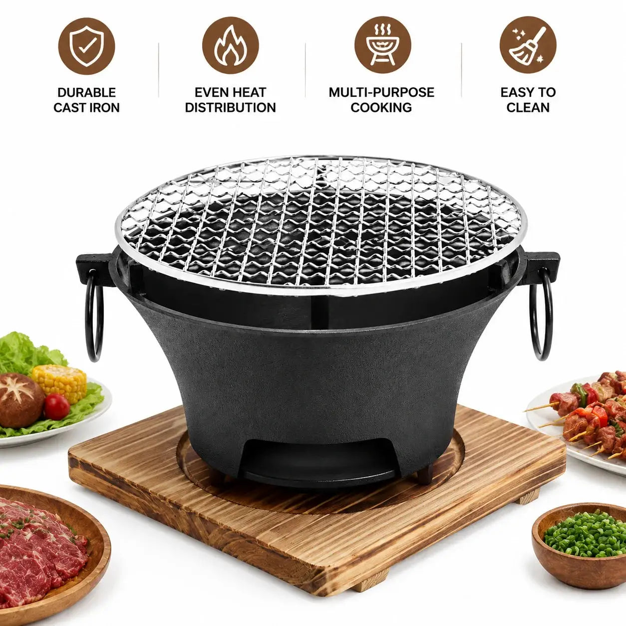 KL1 Portable Charcoal Grill Mini Tabletop BBQ Cast Iron Body Stainless Steel Removable Grill Net Heat-Resistant Wooden Base Silver Carry Rings Outdoor Picnic and Backyard Cooking by Beastly Survival Outlet