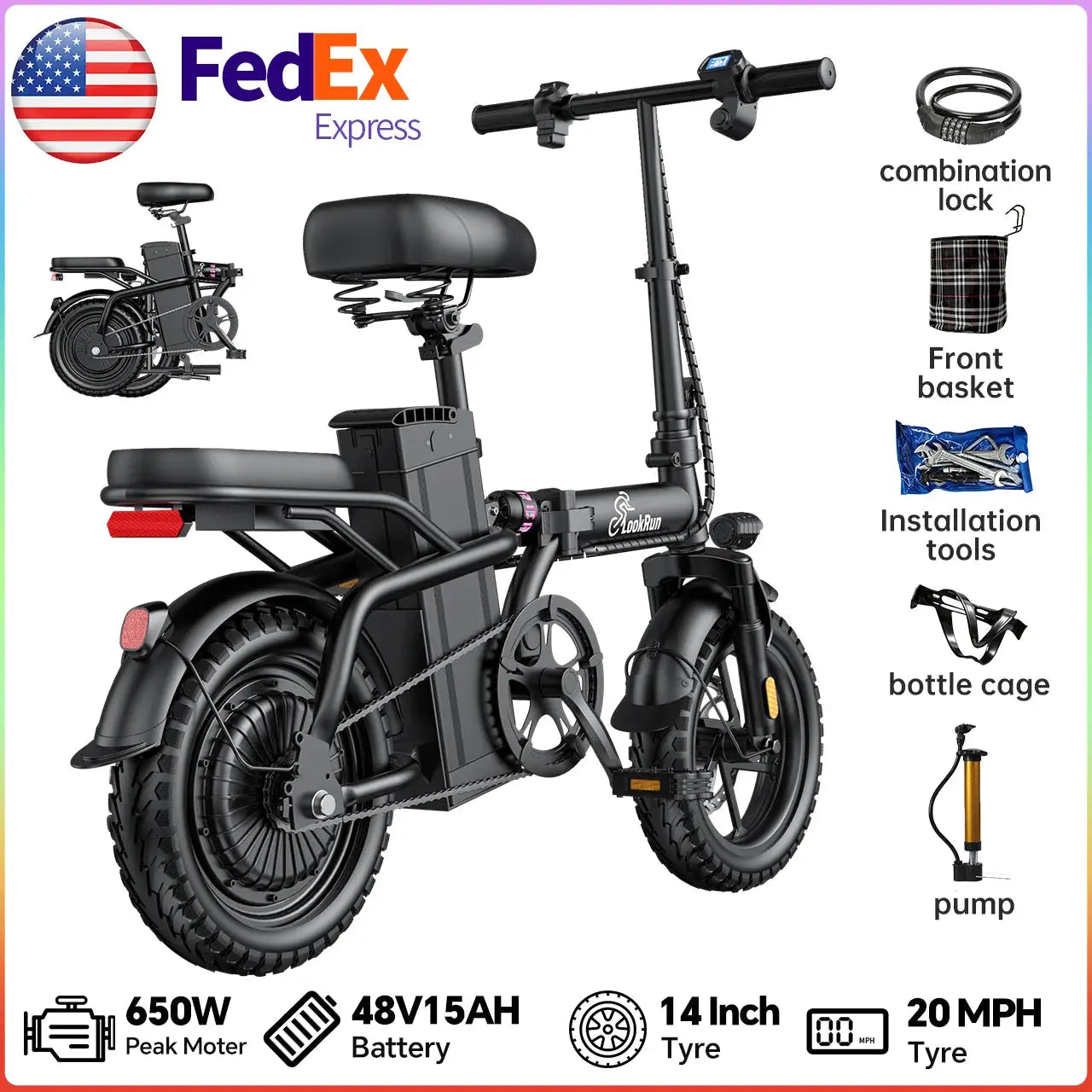 LOOKRUN Adult Foldable Electric Bike, 20 MPH Top Speed, 650W Motor, Removable 48V Battery, 14-inch Wheels, Max Range 32 Miles, 1-Year Full Warranty E-Bike by Beastly Survival Outlet