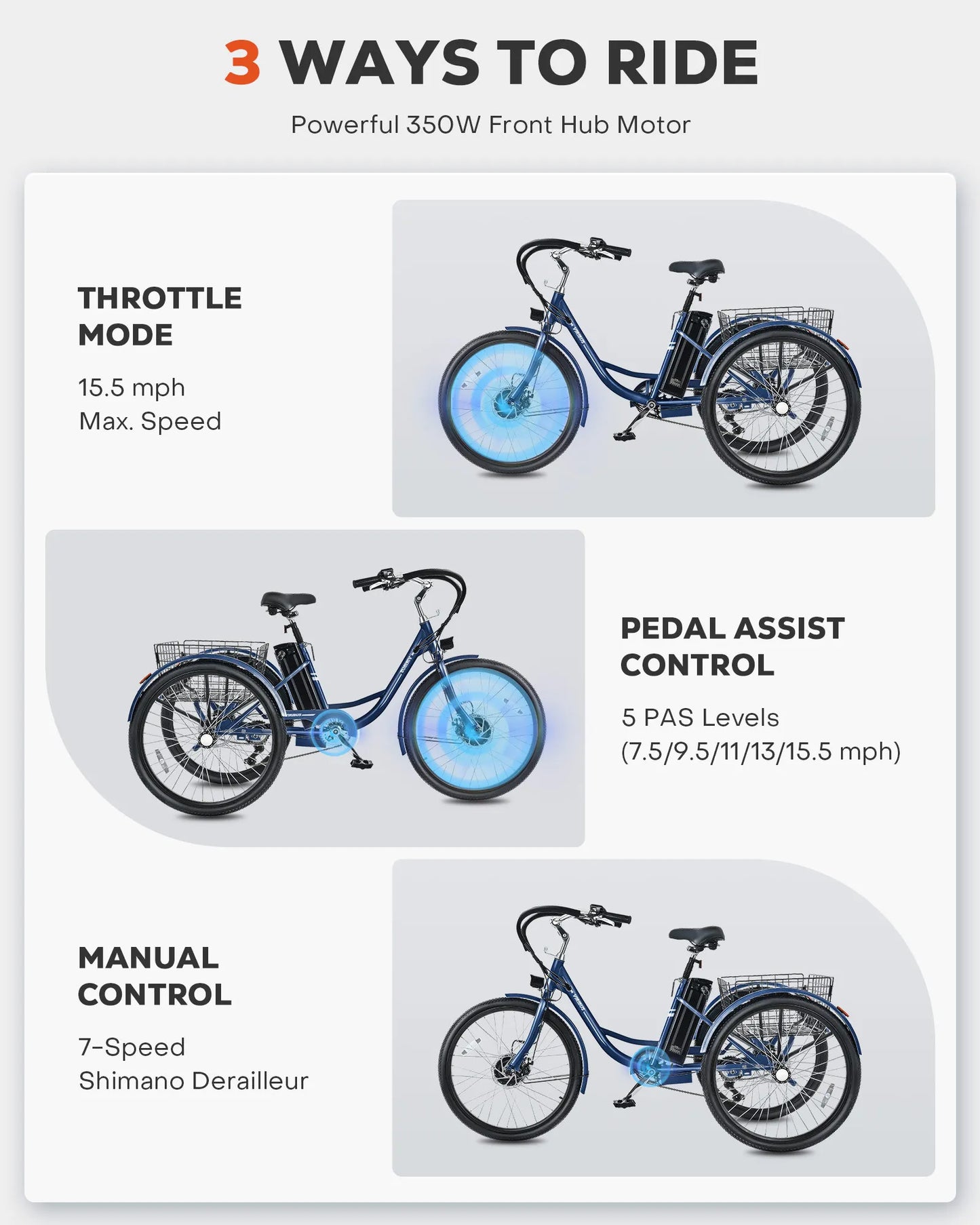 24 Inch 26 Inch Electric Tricycle 7 Speed 350W Motor for Adults