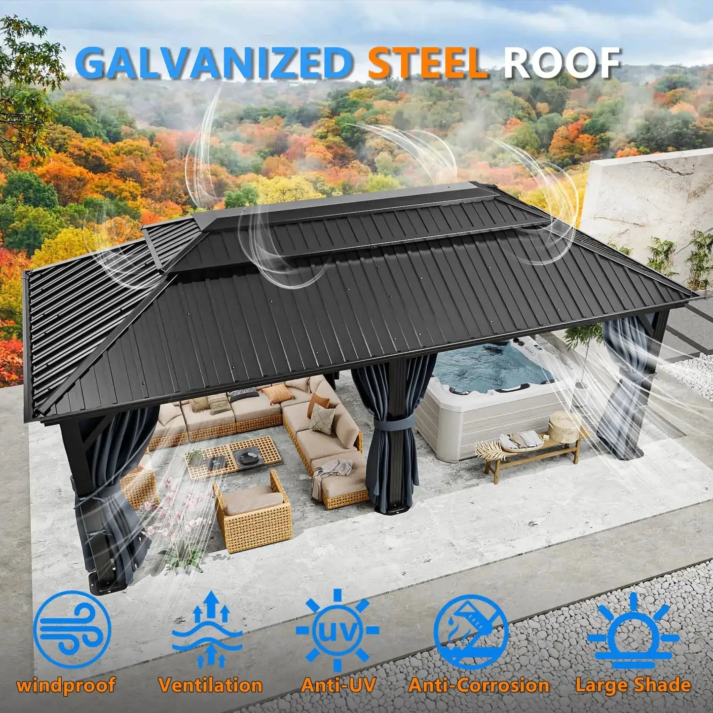 12×20 Hardtop Gazebo with Metal Roof, Heavy Duty Galvanized Steel Gazebo with Reinforced Aluminum Frame, Flame-Resistant Curtain by Beastly Survival Outlet