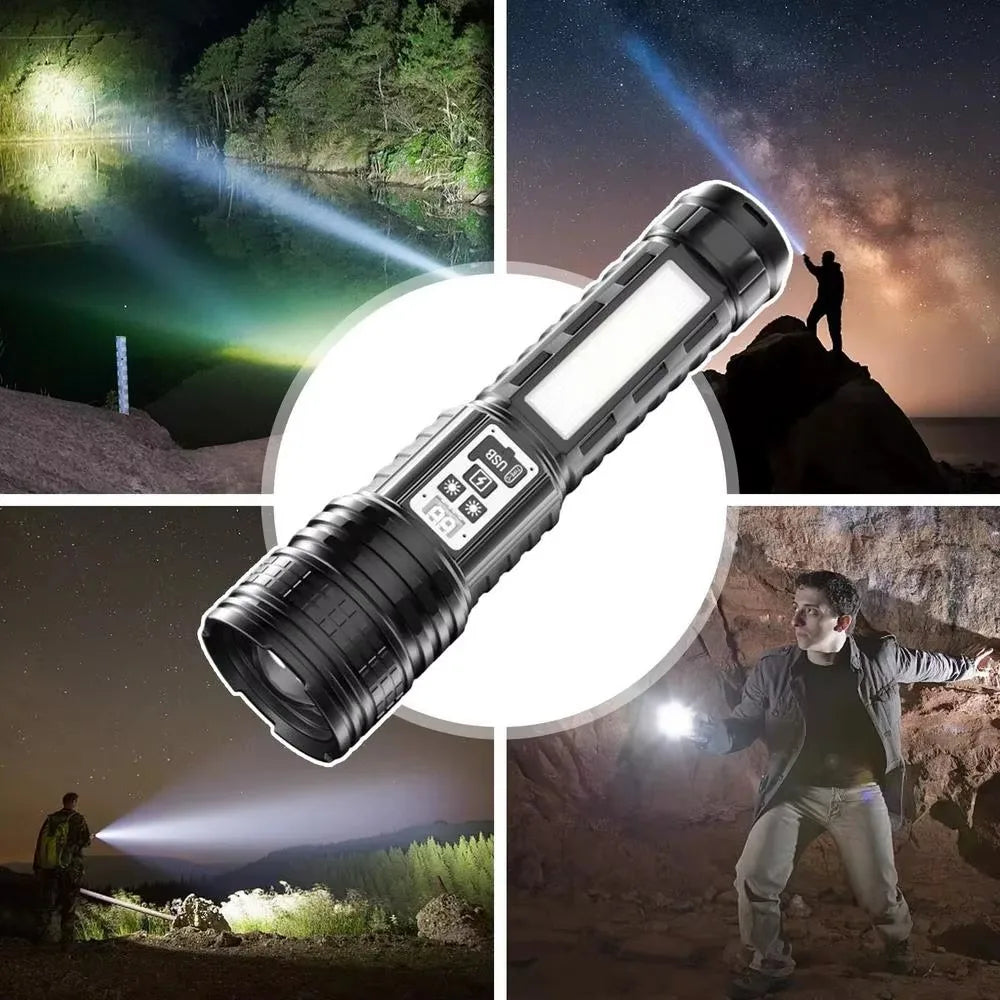 Skywolfeye Rechargeable LED Flashlight Long Range Torch With LCD Display For Camping Hiking Adventures Waterproof