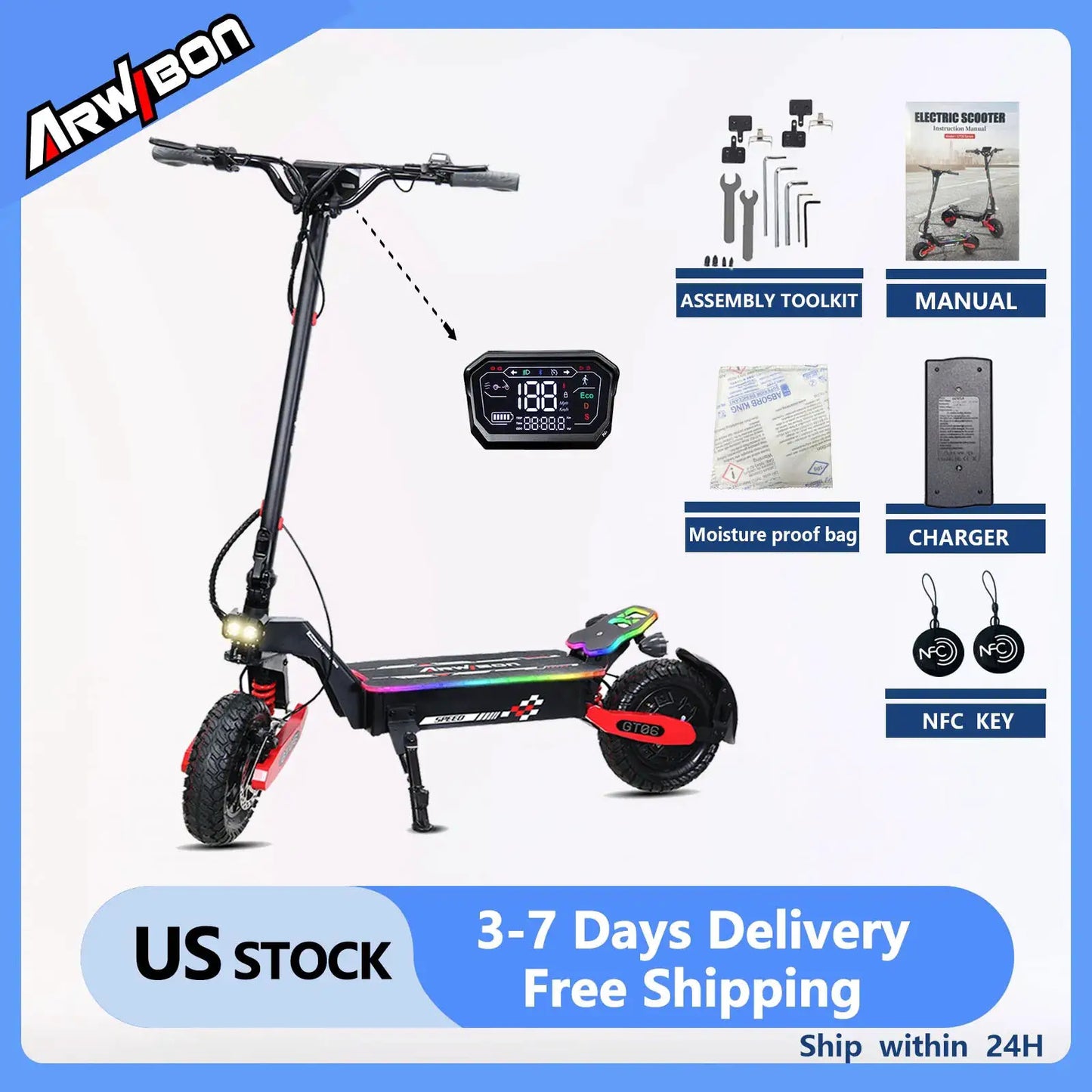 Arwibon GT06Plus Adult Electric Scooter,Speed up to 35MPH, 52V23.4AH ,11 Inch Off-Road Tires, Foldable Sports Commuter E-Scooter by Beastly Survival Outlet