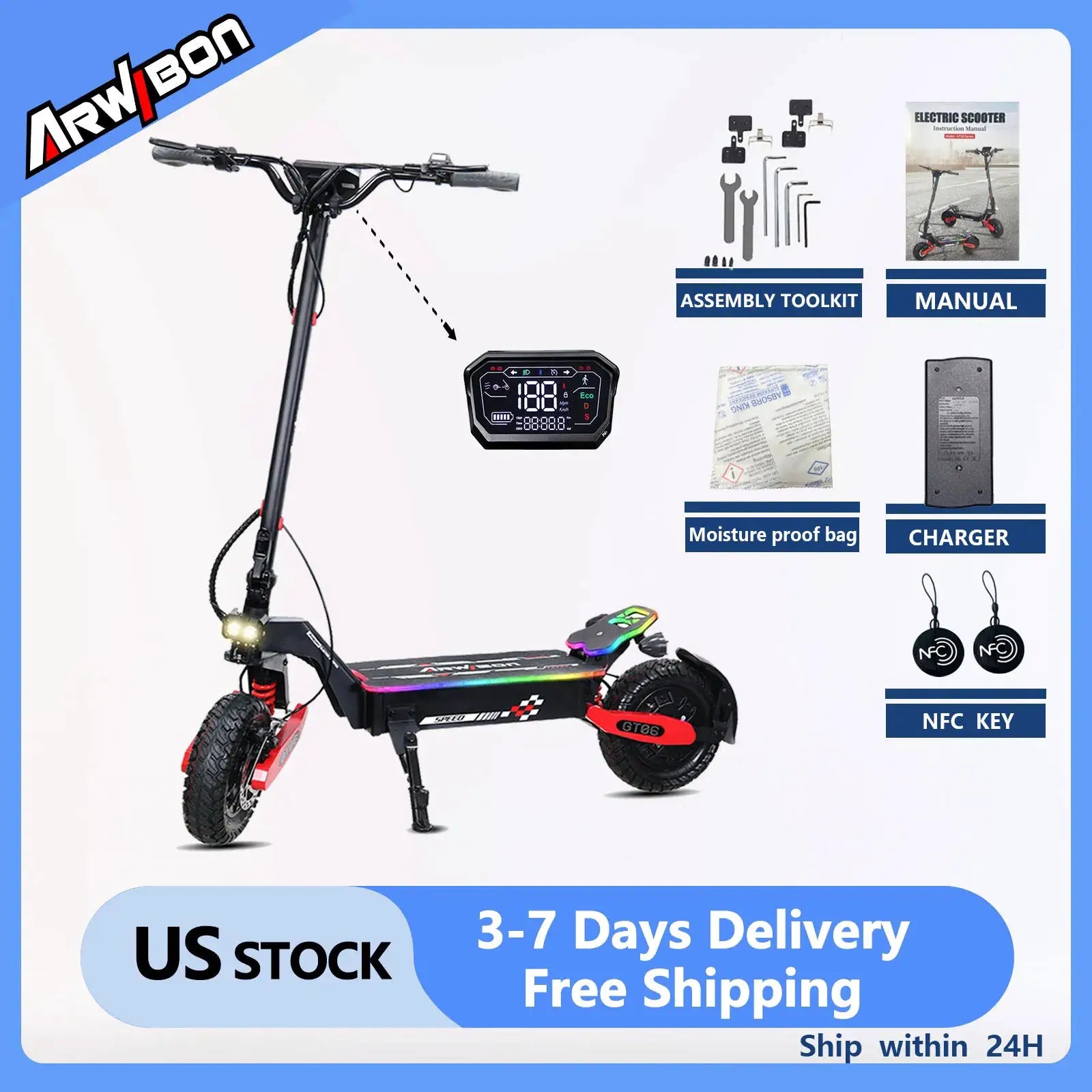 Arwibon GT06Plus Adult Electric Scooter,Speed up to 35MPH, 52V23.4AH ,11 Inch Off-Road Tires, Foldable Sports Commuter E-Scooter by Beastly Survival Outlet