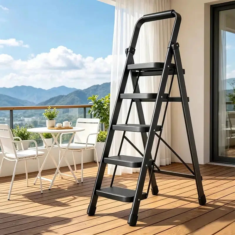 Heavy-Duty 500-lb Capacity Folding Ladder | Steel Step Stool with Non-Slip Wide Pedals, Handrails, And Safety Lock Design, Sleek Black Finish, Portable Multi-Purpose Ladder Ideal for Home And Kitchen Use. by Beastly Survival Outlet