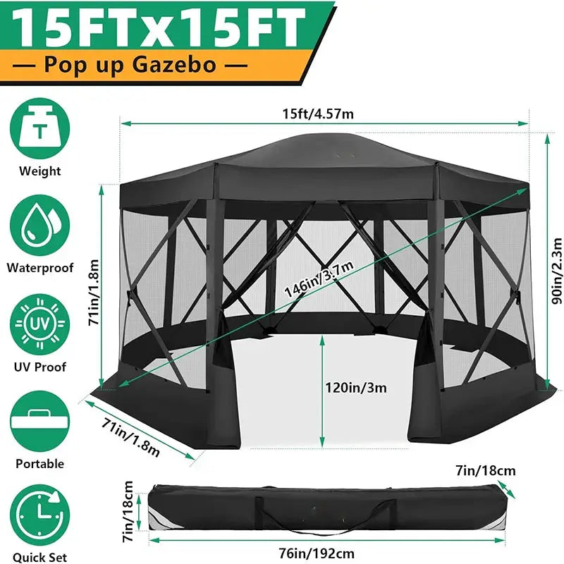15x15ft Outdoor Tent Extra Large Pop-Up Gazebo Canopy Tent With Mosquito Netting Screened Shelter Pavilion With Ground Stakes by Beastly Survival Outlet