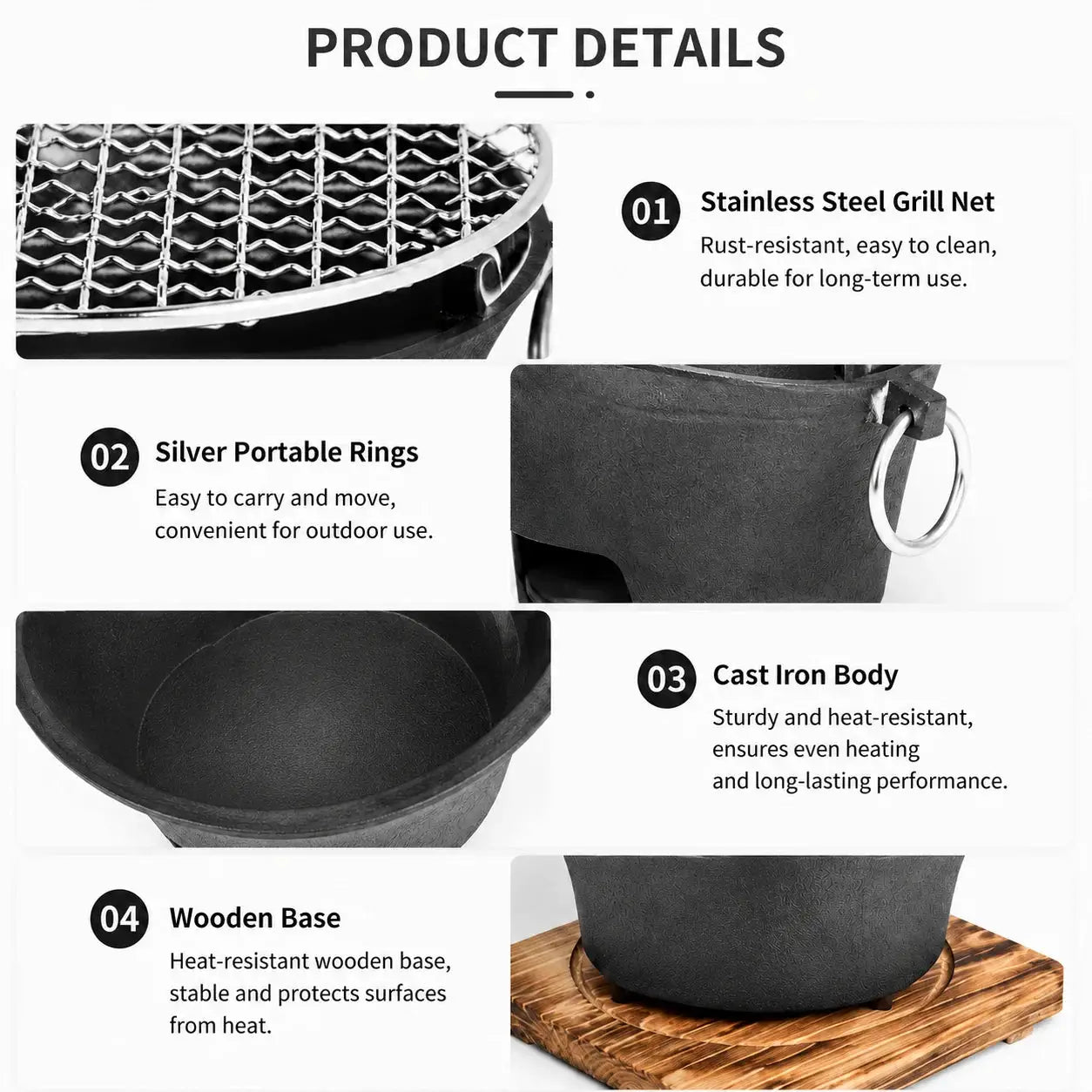 KL1 Portable Charcoal Grill Mini Tabletop BBQ Cast Iron Body Stainless Steel Removable Grill Net Heat-Resistant Wooden Base Silver Carry Rings Outdoor Picnic and Backyard Cooking by Beastly Survival Outlet