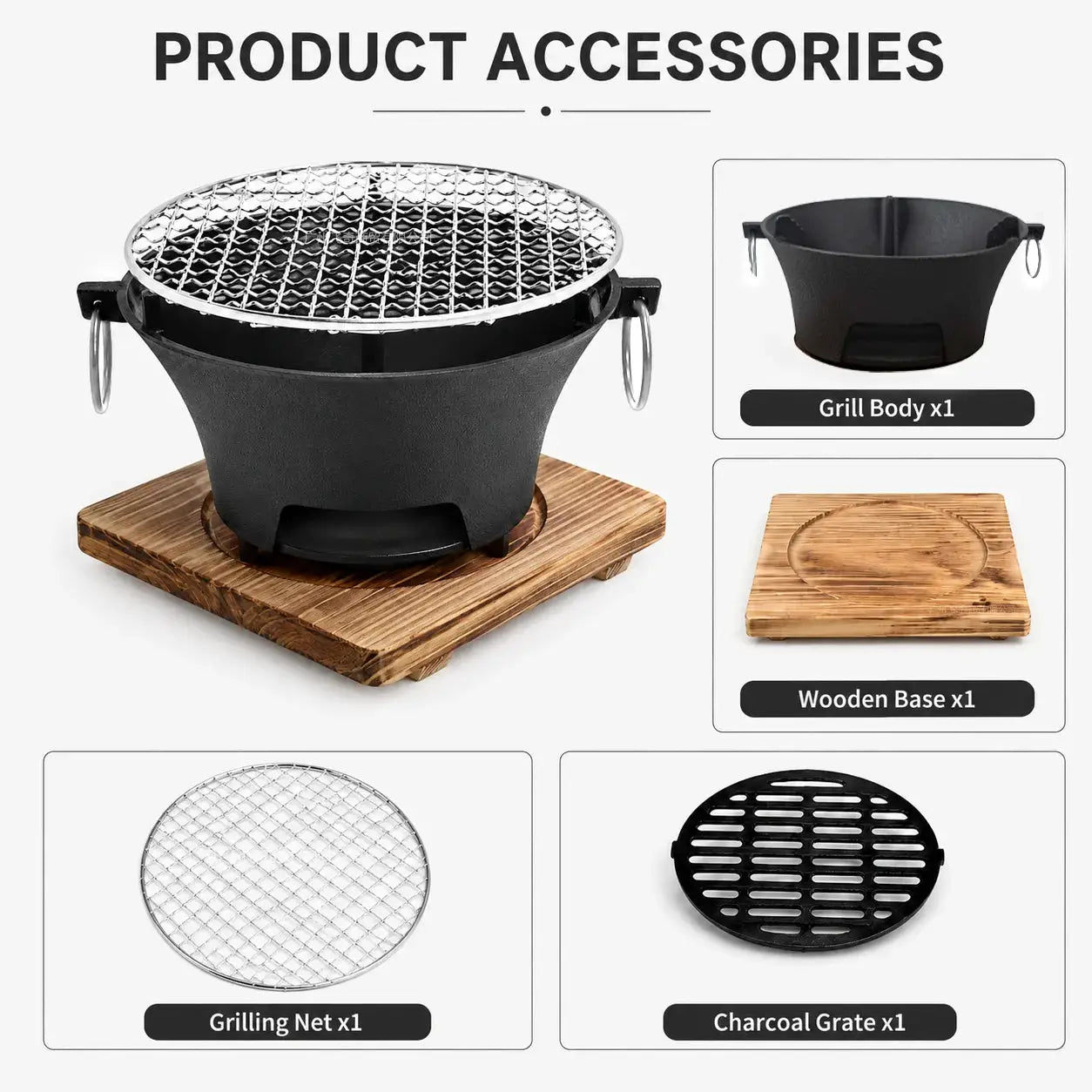 KL1 Portable Charcoal Grill Mini Tabletop BBQ Cast Iron Body Stainless Steel Removable Grill Net Heat-Resistant Wooden Base Silver Carry Rings Outdoor Picnic and Backyard Cooking by Beastly Survival Outlet