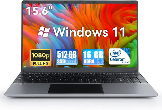 15.6 Inch Windows 11 Laptop 16GB RAM 512GB SSD Intel Celeron