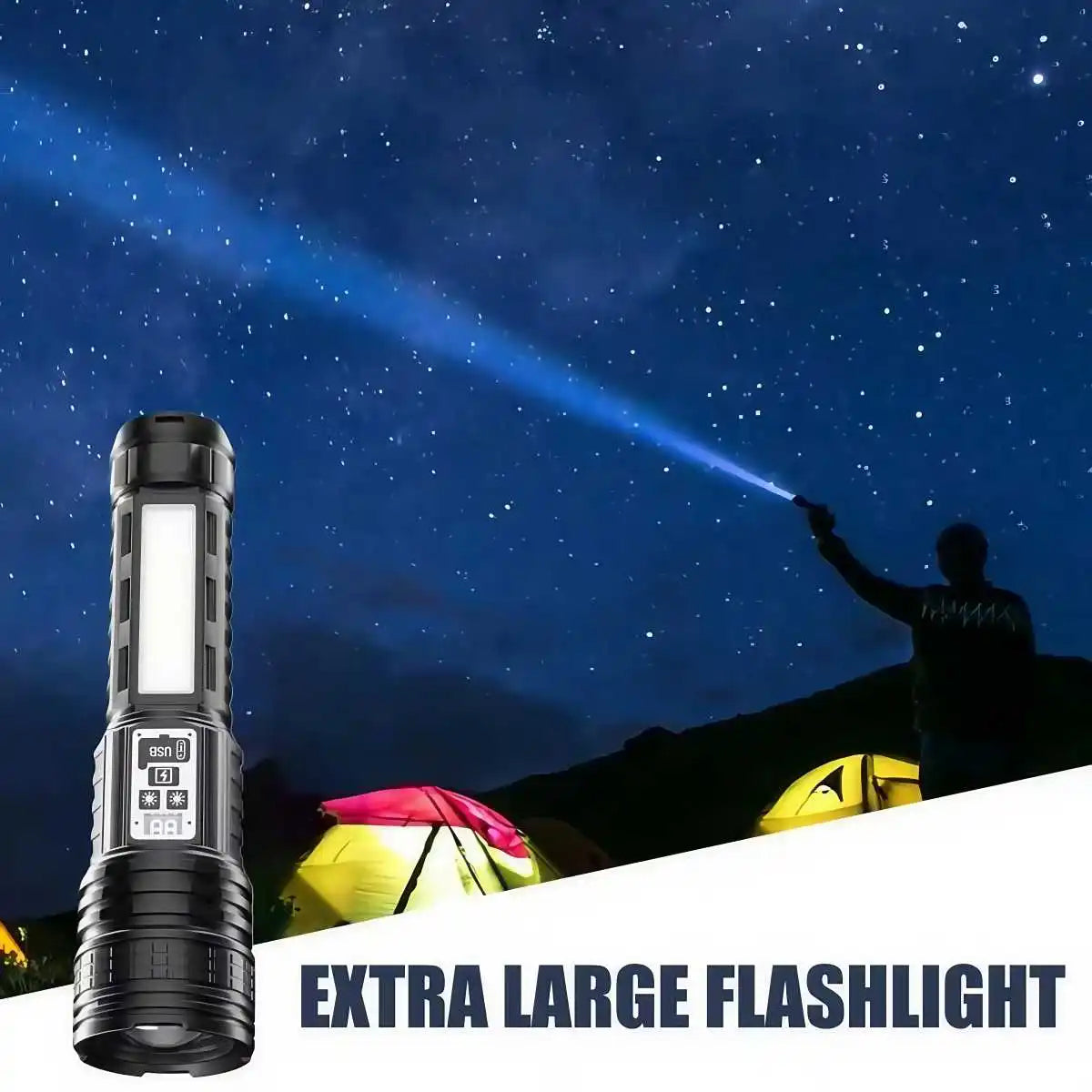Skywolfeye Rechargeable LED Flashlight Long Range Torch With LCD Display For Camping Hiking Adventures Waterproof