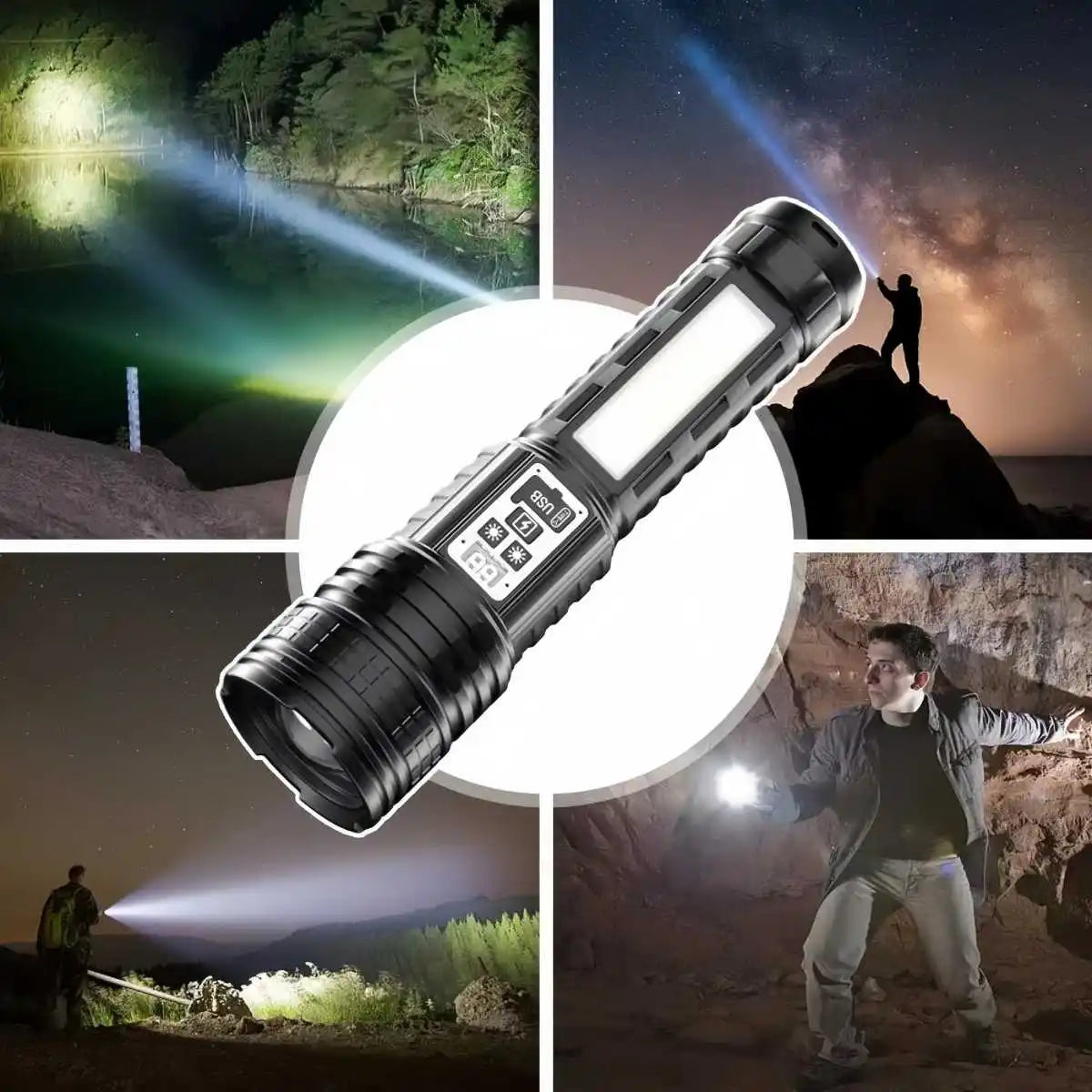 Skywolfeye Rechargeable LED Flashlight Long Range Torch With LCD Display For Camping Hiking Adventures Waterproof