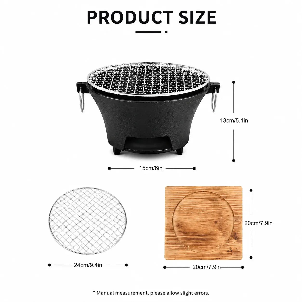 KL1 Portable Charcoal Grill Mini Tabletop BBQ Cast Iron Body Stainless Steel Removable Grill Net Heat-Resistant Wooden Base Silver Carry Rings Outdoor Picnic and Backyard Cooking by Beastly Survival Outlet