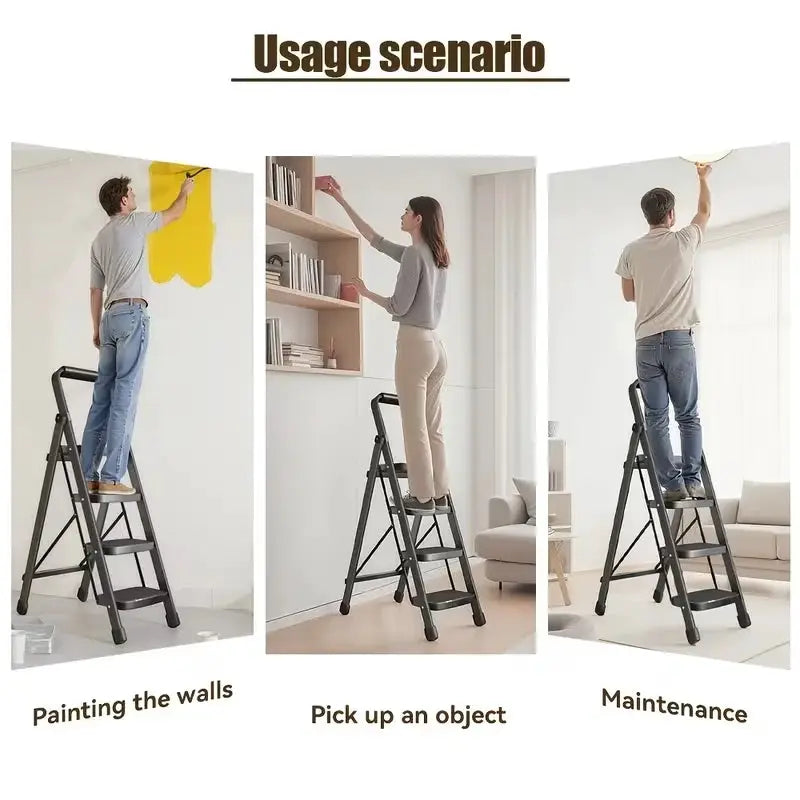 Heavy-Duty 500-lb Capacity Folding Ladder | Steel Step Stool with Non-Slip Wide Pedals, Handrails, And Safety Lock Design, Sleek Black Finish, Portable Multi-Purpose Ladder Ideal for Home And Kitchen Use. by Beastly Survival Outlet