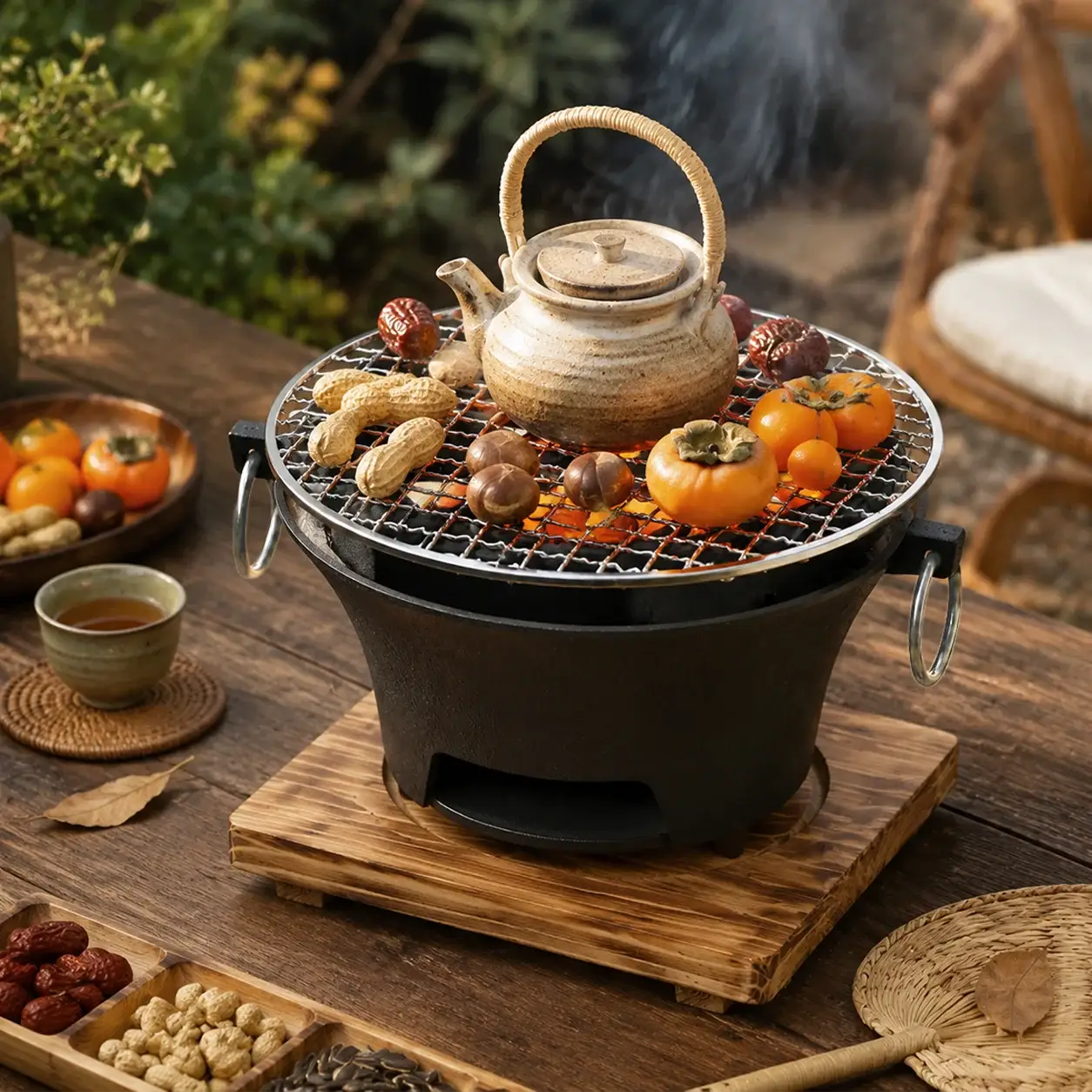 KL1 Portable Charcoal Grill Mini Tabletop BBQ Cast Iron Body Stainless Steel Removable Grill Net Heat-Resistant Wooden Base Silver Carry Rings Outdoor Picnic and Backyard Cooking by Beastly Survival Outlet