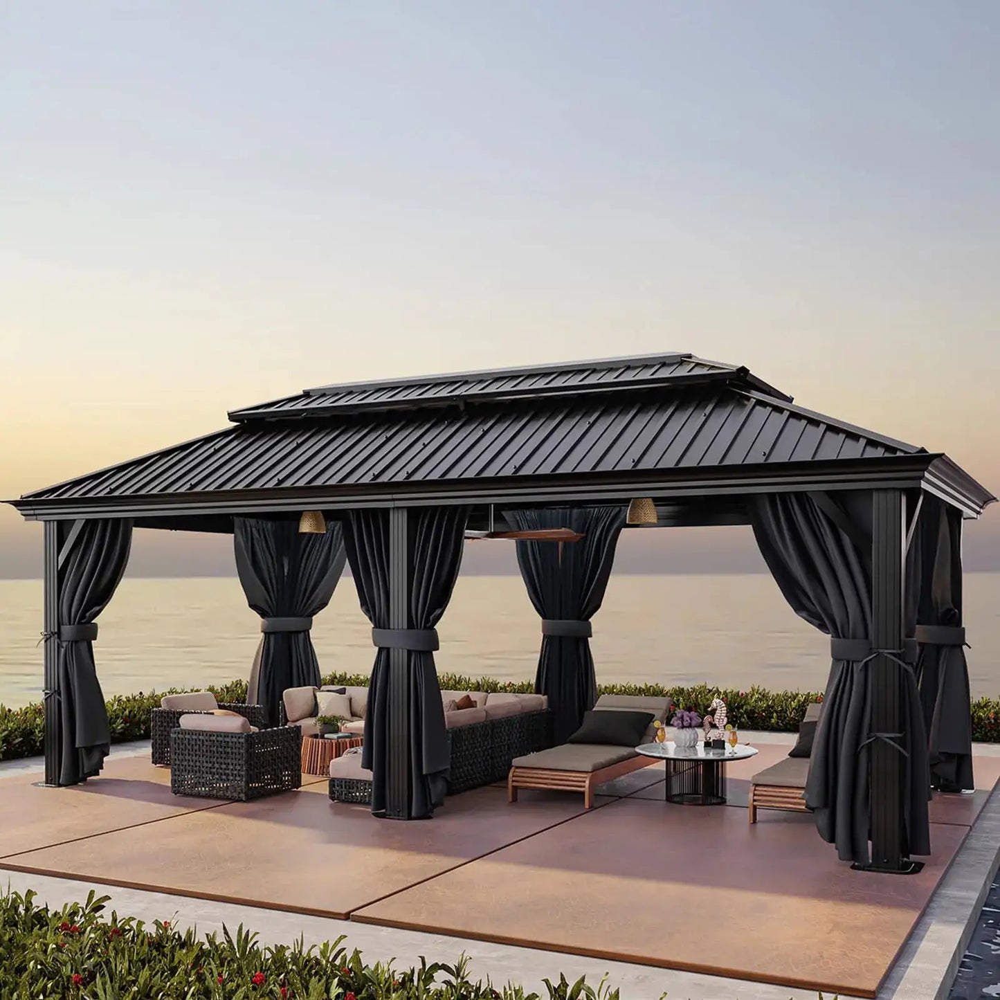 12×20 Hardtop Gazebo with Metal Roof, Heavy Duty Galvanized Steel Gazebo with Reinforced Aluminum Frame, Flame-Resistant Curtain by Beastly Survival Outlet