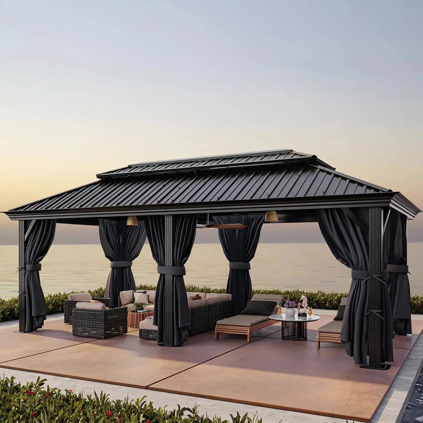 12×20 Hardtop Gazebo with Metal Roof, Heavy Duty Galvanized Steel Gazebo with Reinforced Aluminum Frame, Flame-Resistant Curtain by Beastly Survival Outlet
