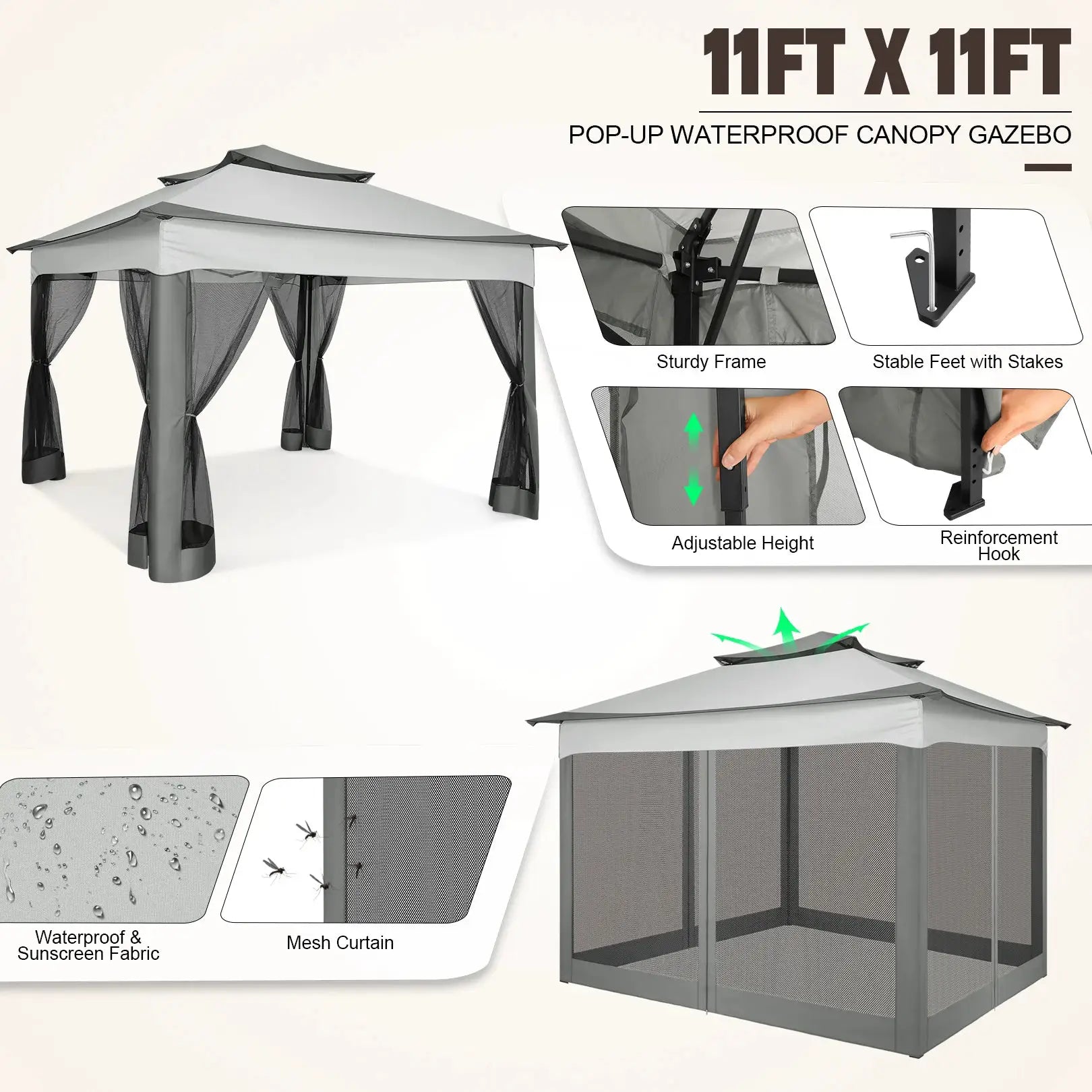 11x11ft Pop Up Gazebo Pavilion With Mosquito Netting Outdoor Canopy Tent With Carry Bag Gazebo For Garden Backyard Lawn Patio by Beastly Survival Outlet