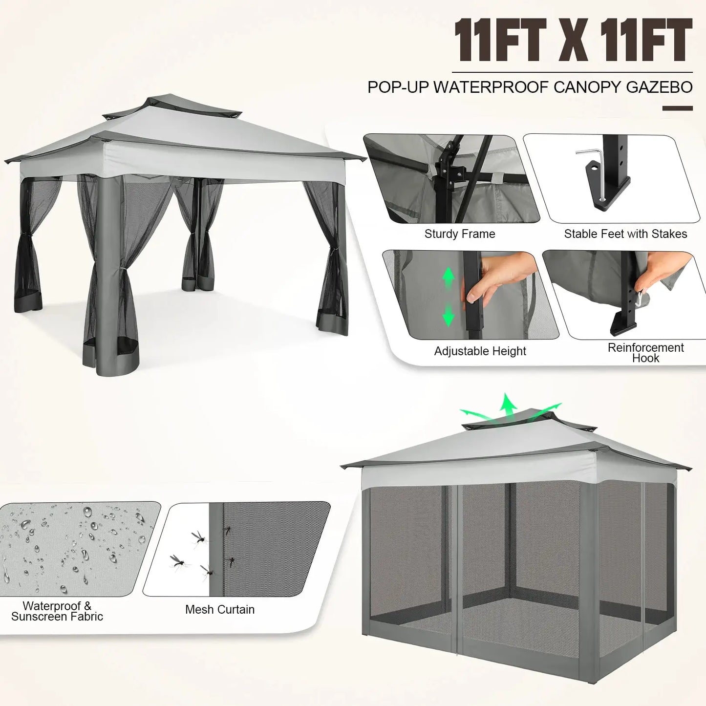 11x11ft Pop Up Gazebo Pavilion With Mosquito Netting Outdoor Canopy Tent With Carry Bag Gazebo For Garden Backyard Lawn Patio by Beastly Survival Outlet
