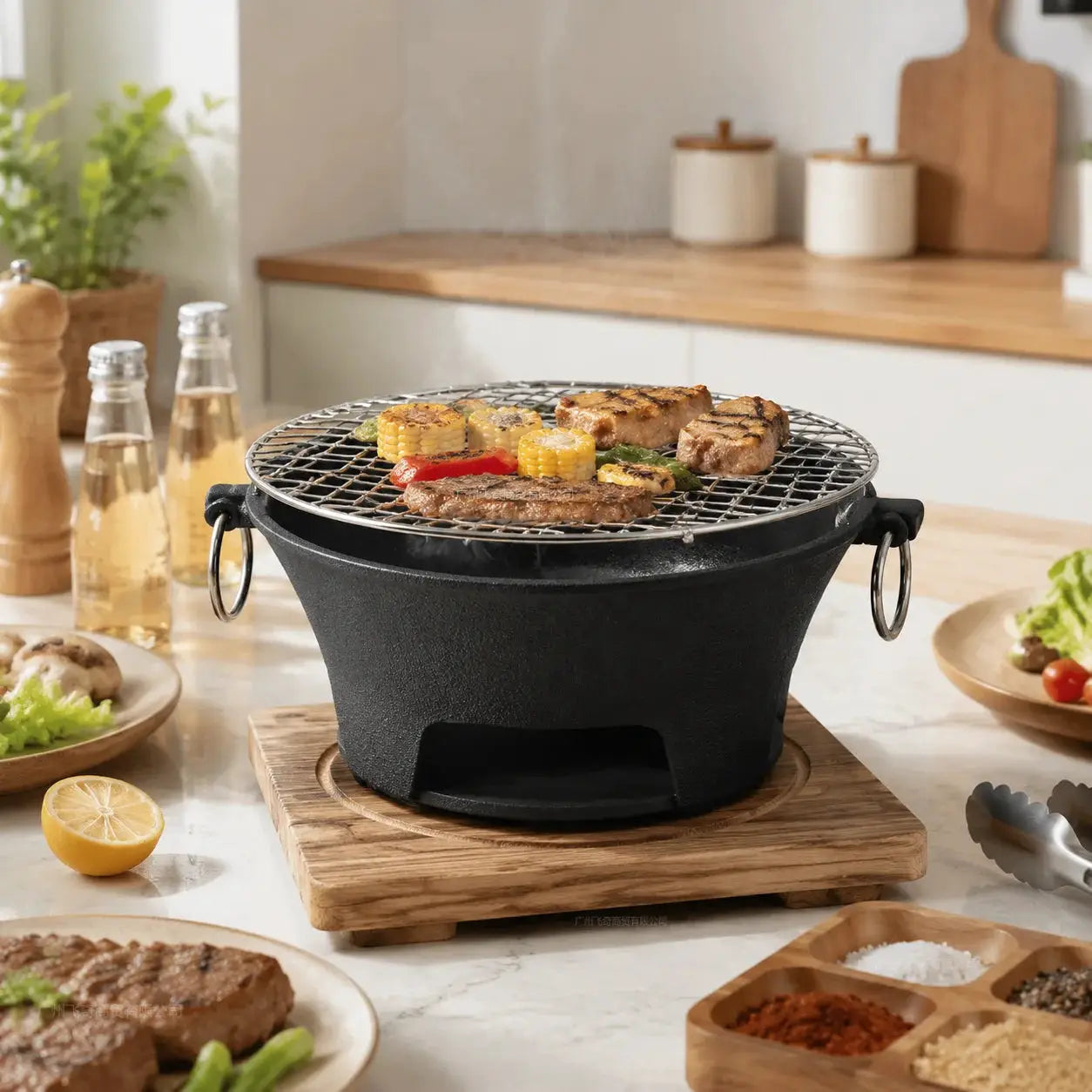 KL1 Portable Charcoal Grill Mini Tabletop BBQ Cast Iron Body Stainless Steel Removable Grill Net Heat-Resistant Wooden Base Silver Carry Rings Outdoor Picnic and Backyard Cooking by Beastly Survival Outlet