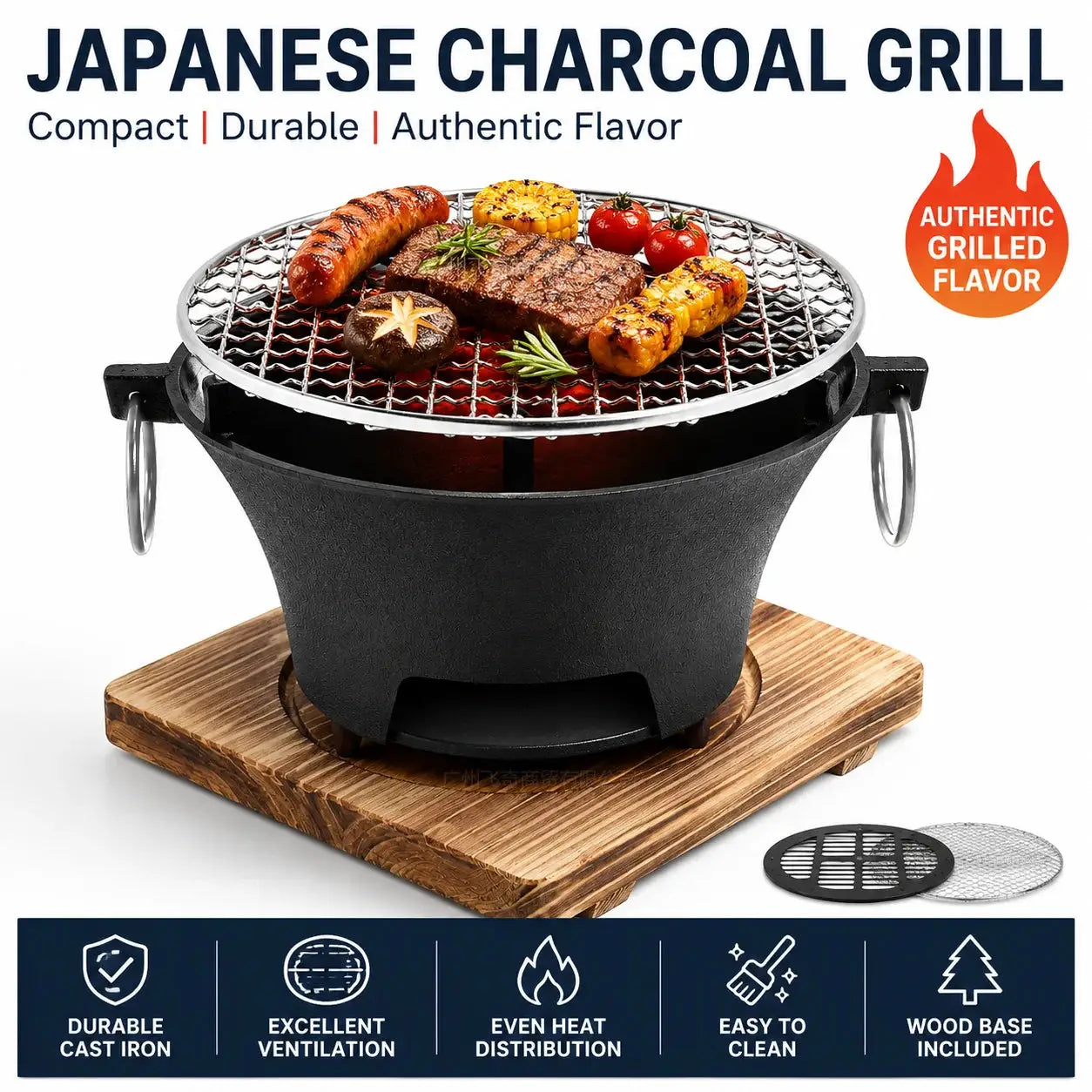 KL1 Portable Charcoal Grill Mini Tabletop BBQ Cast Iron Body Stainless Steel Removable Grill Net Heat-Resistant Wooden Base Silver Carry Rings Outdoor Picnic and Backyard Cooking by Beastly Survival Outlet