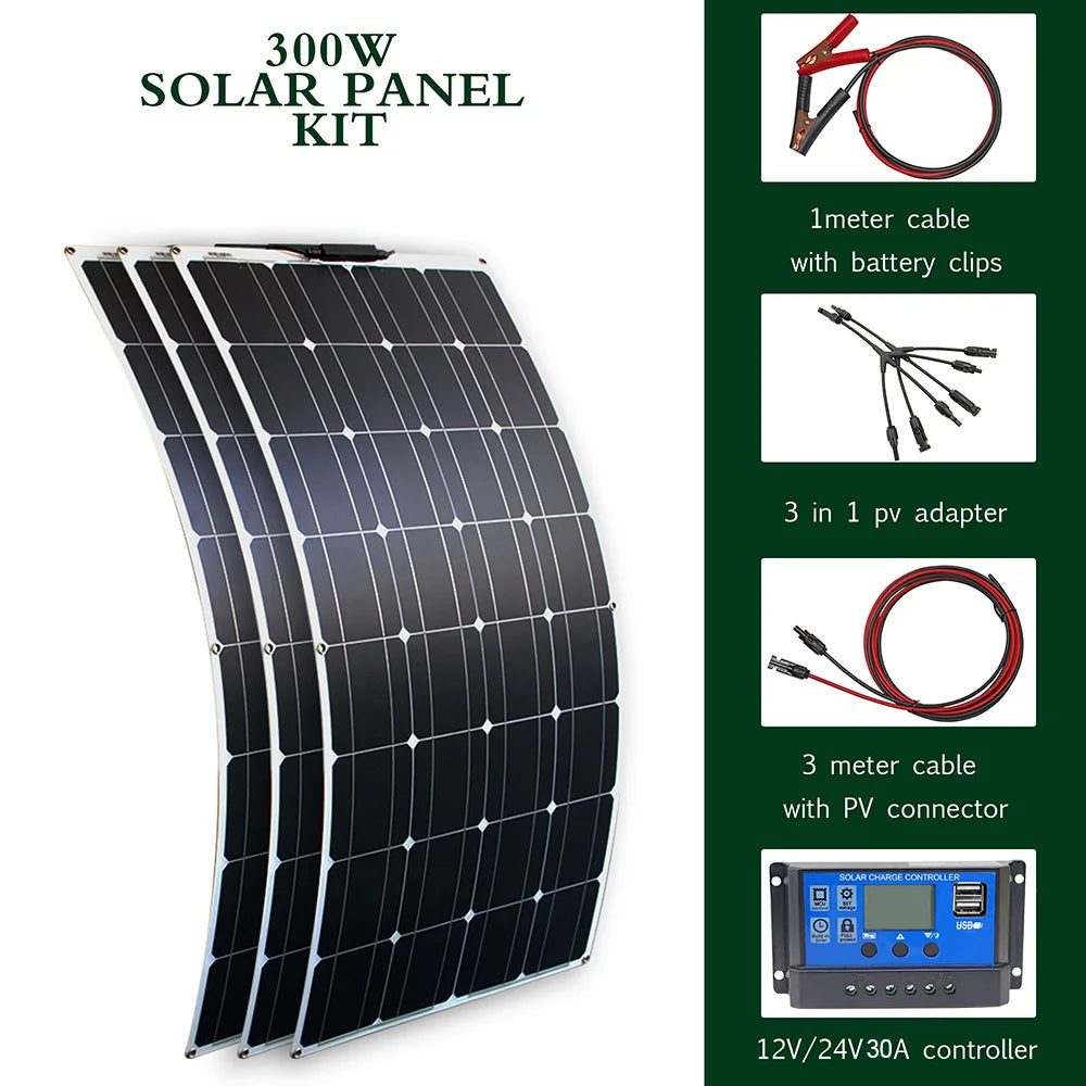 High Efficiency Solar Panel Kit 100W 200W 300W Flexible Charger