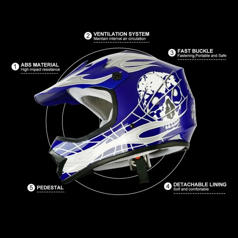 Dot Youth Kids Blue Dirt Bike Helmet Goggles Gloves Set