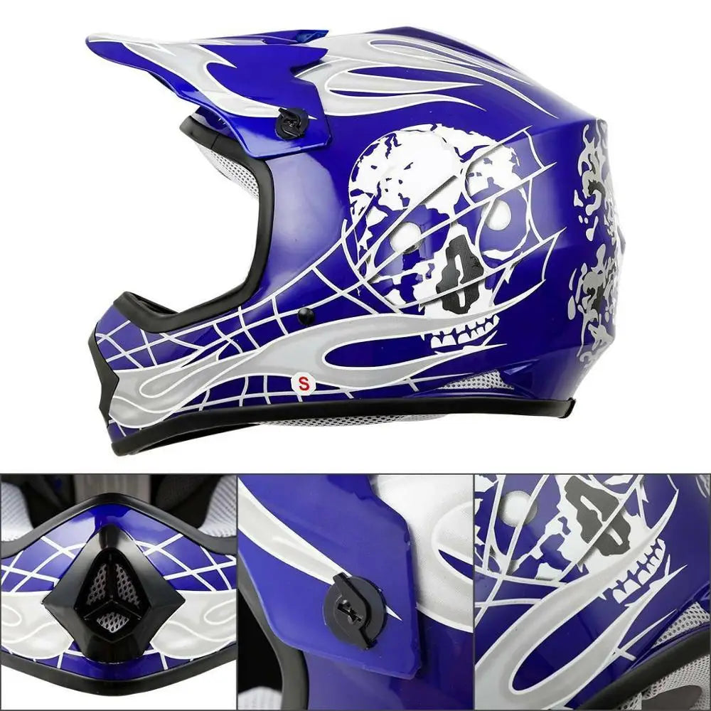 Dot Youth Kids Blue Dirt Bike Helmet Goggles Gloves Set