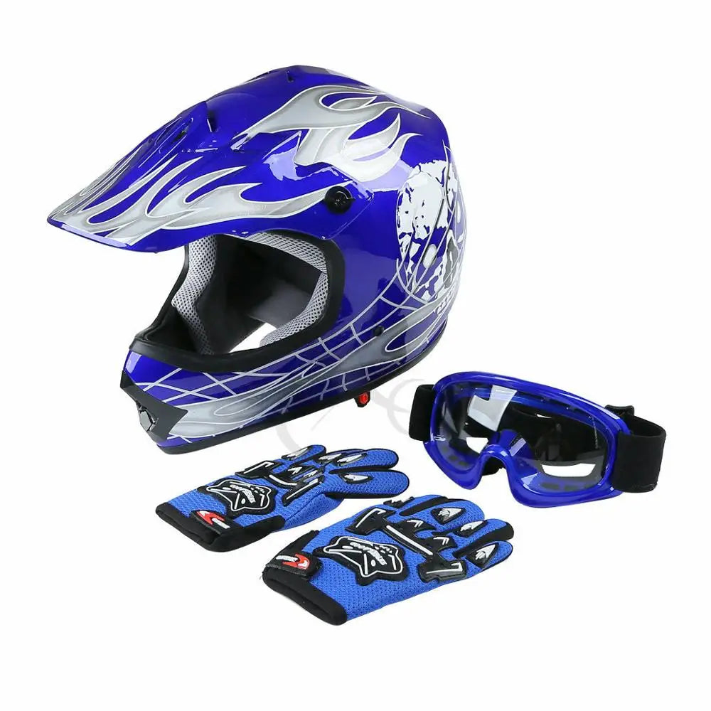 Dot Youth Kids Blue Dirt Bike Helmet Goggles Gloves Set