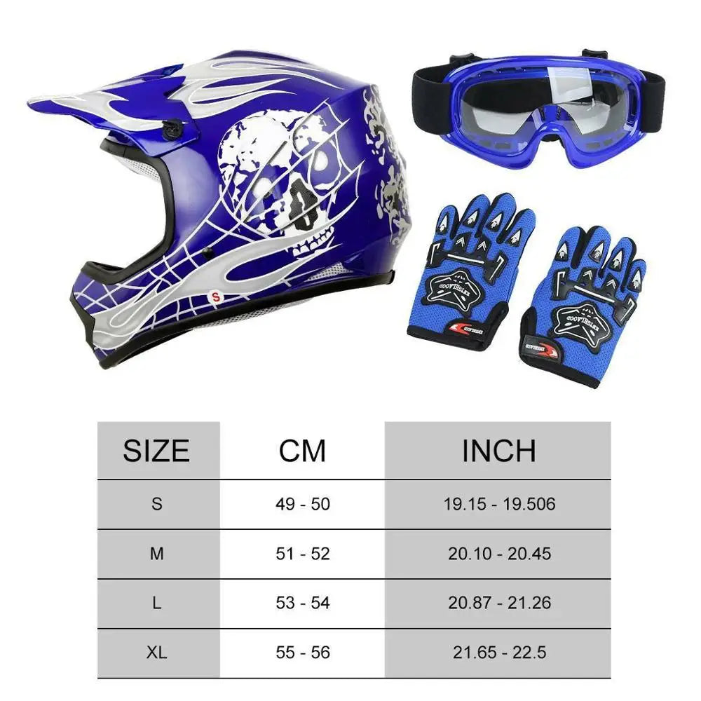 Dot Youth Kids Blue Dirt Bike Helmet Goggles Gloves Set