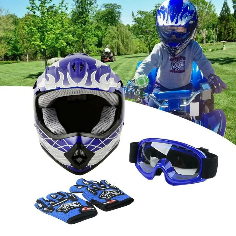 Dot Youth Kids Blue Dirt Bike Helmet Goggles Gloves Set
