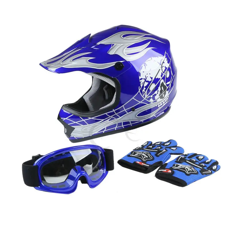 Dot Youth Kids Blue Dirt Bike Helmet Goggles Gloves Set