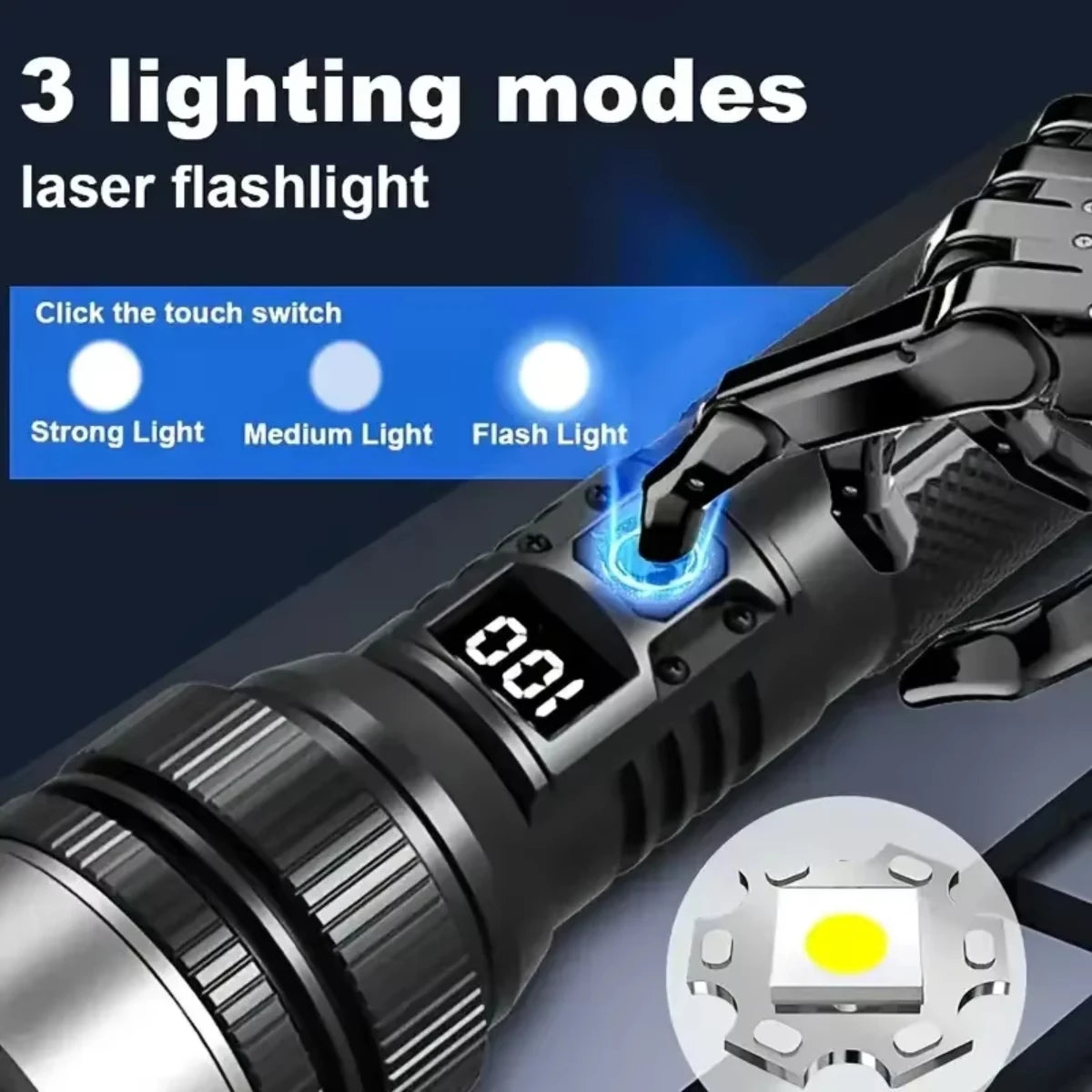 Powerful LED Flashlight With Zoom Digital Display Type C For